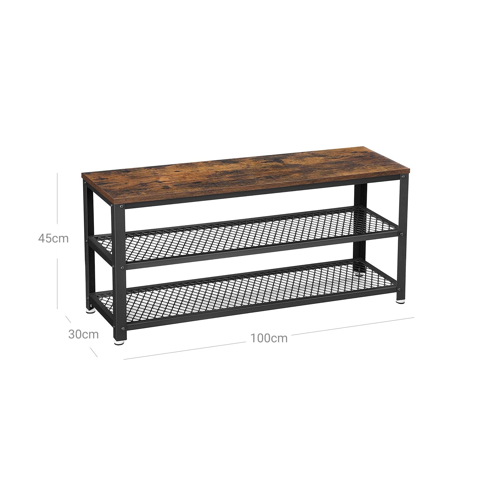 Klupa za cipele s 2 crne mrežaste police 100 x 30 x 45 cm, smeđe-crna | VASAGLE-vitahome.hr