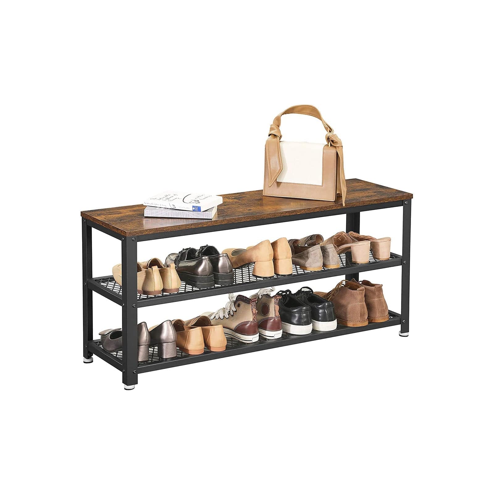 Klupa za cipele s 2 crne mrežaste police 100 x 30 x 45 cm, smeđe-crna | VASAGLE-vitahome.hr