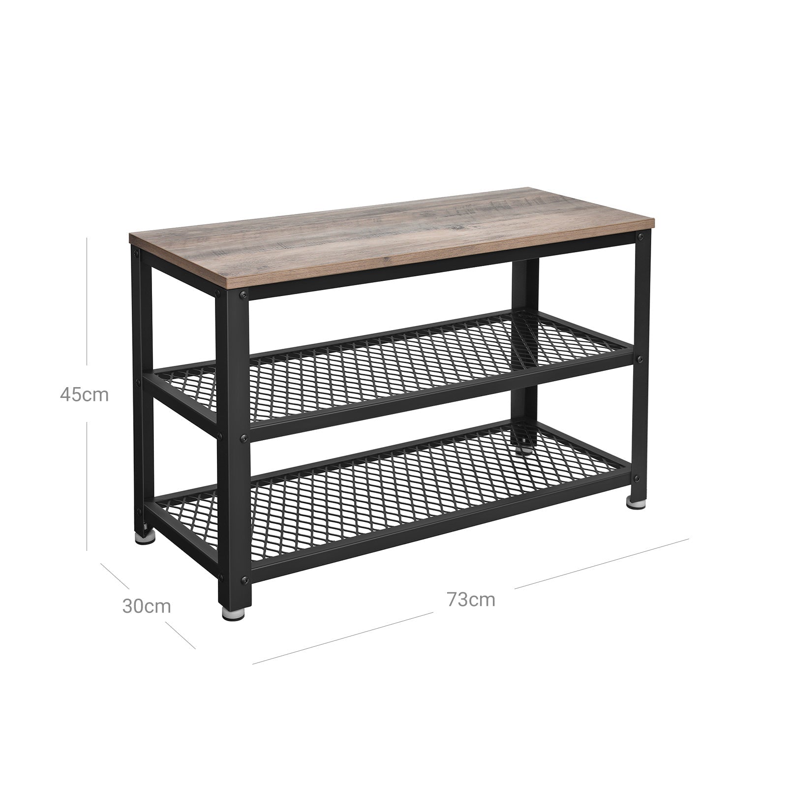 Klupa za cipele s 2 crne mrežaste police 73 x 30 x 45 cm, sivo-crna | VASAGLE-vitahome.hr