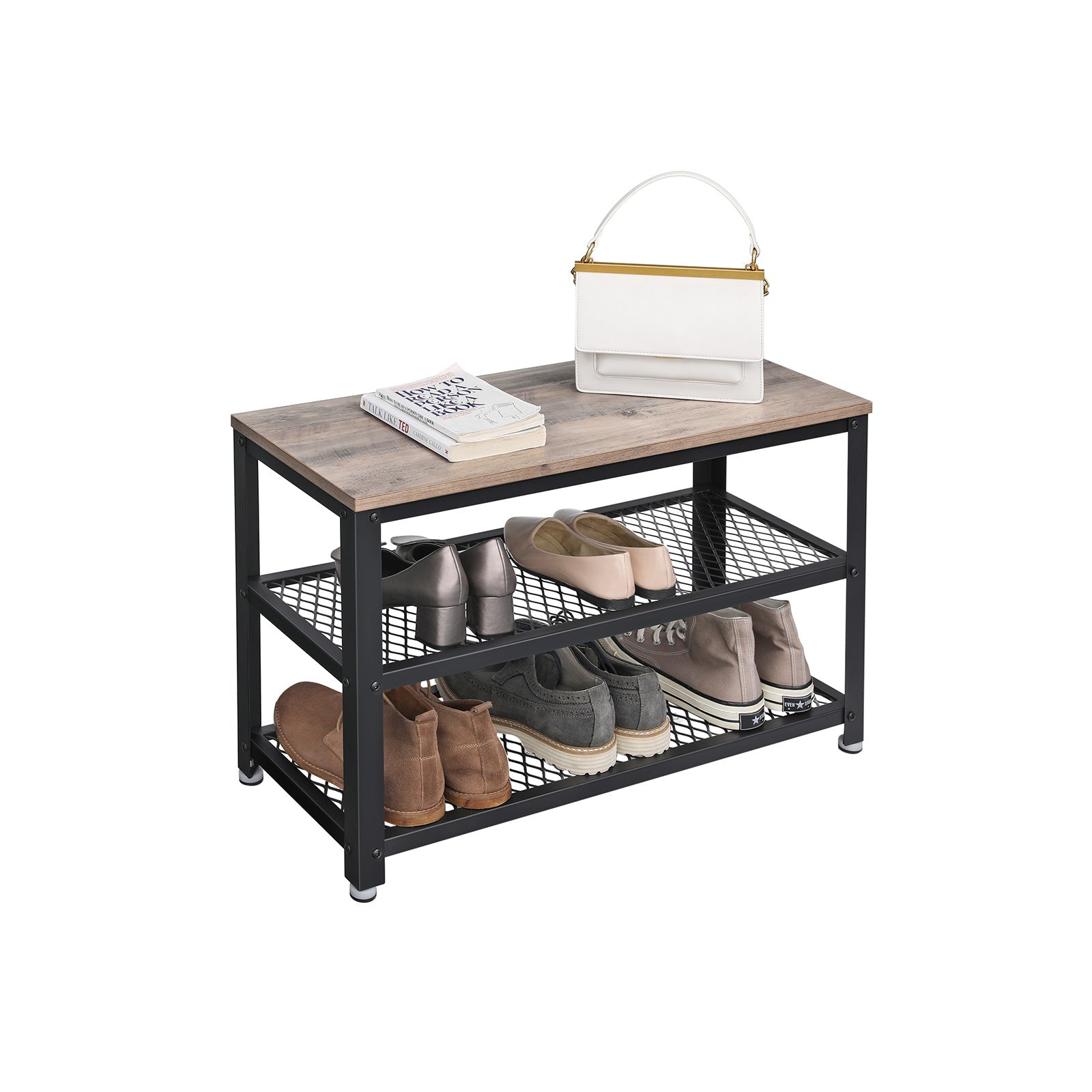 Klupa za cipele s 2 crne mrežaste police 73 x 30 x 45 cm, sivo-crna | VASAGLE-vitahome.hr