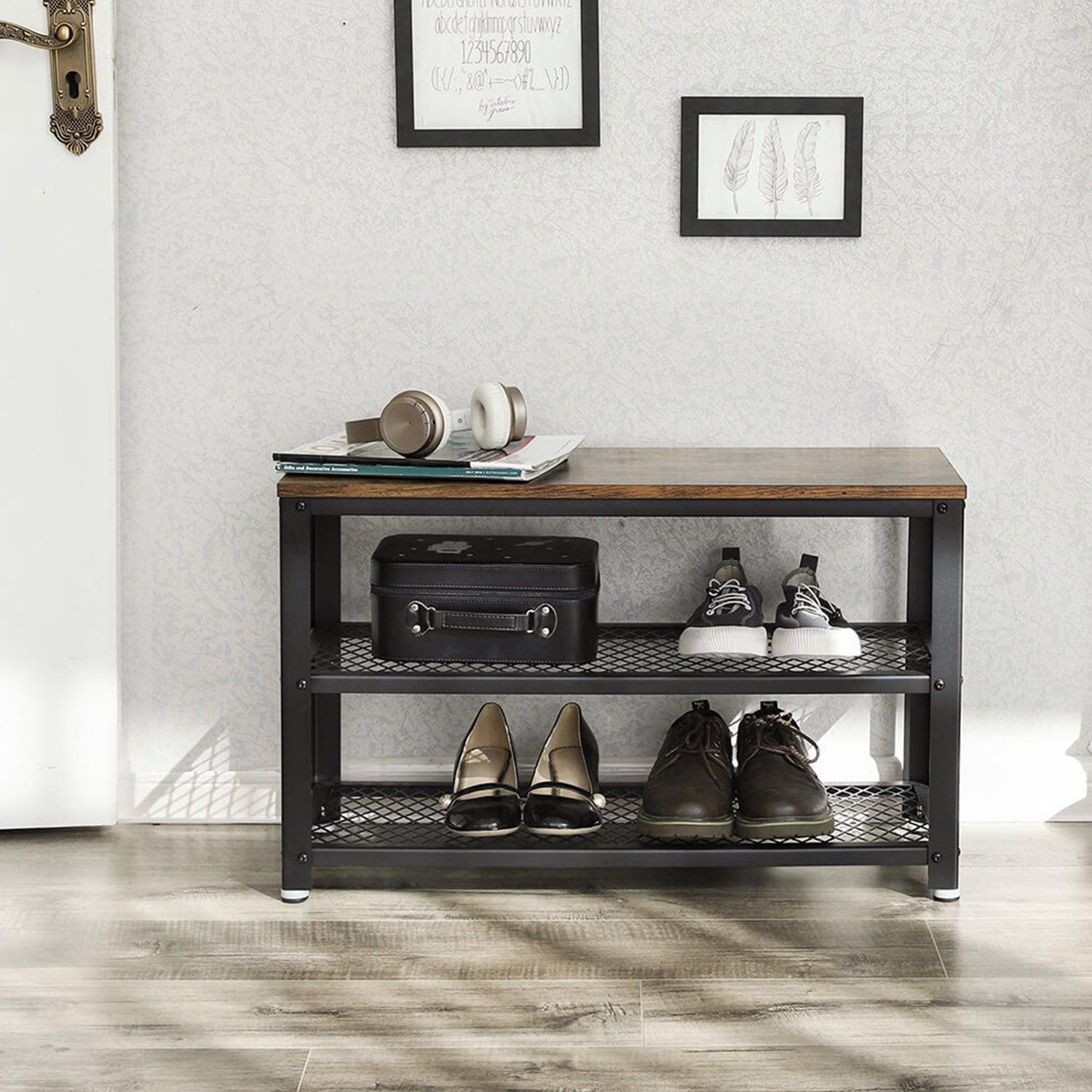 Klupa za cipele s 2 crne mrežaste police 73 x 30 x 45 cm, smeđe-crna | VASAGLE-vitahome.hr