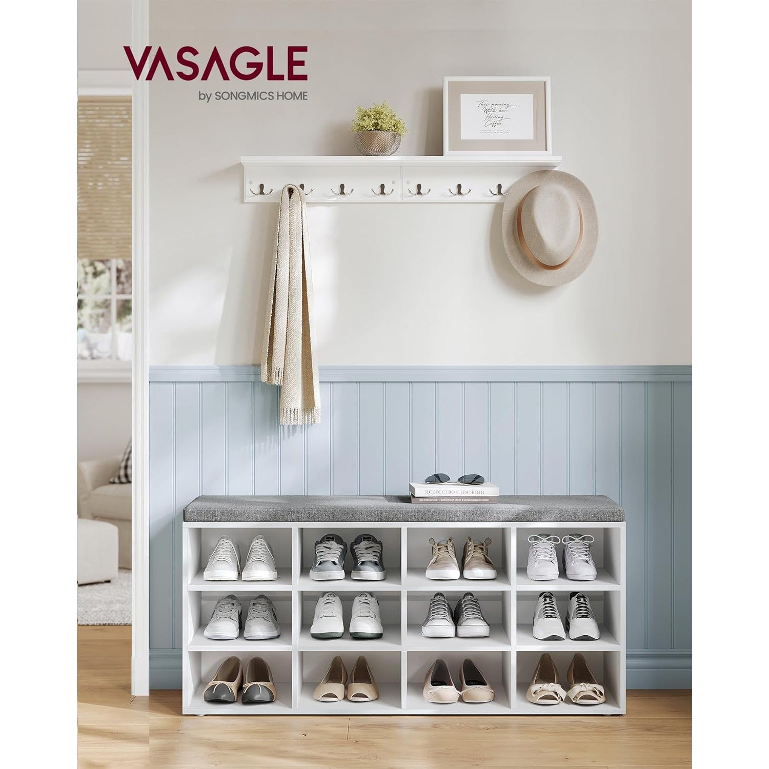 Klupa za obuvanje i pohranu obuće, 30,3 x 104 x 48 cm, klasično bijele boje | VASAGLE-vitahome.hr