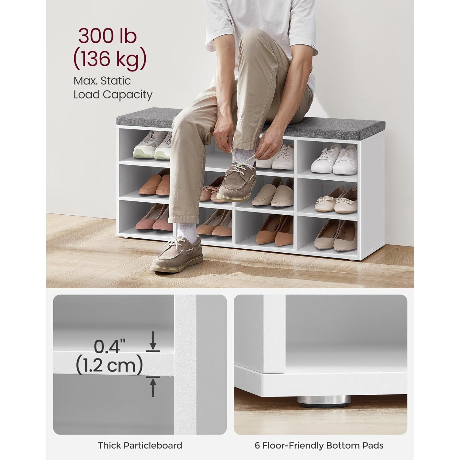 Klupa za obuvanje i pohranu obuće, 30,3 x 104 x 48 cm, klasično bijele boje | VASAGLE-vitahome.hr