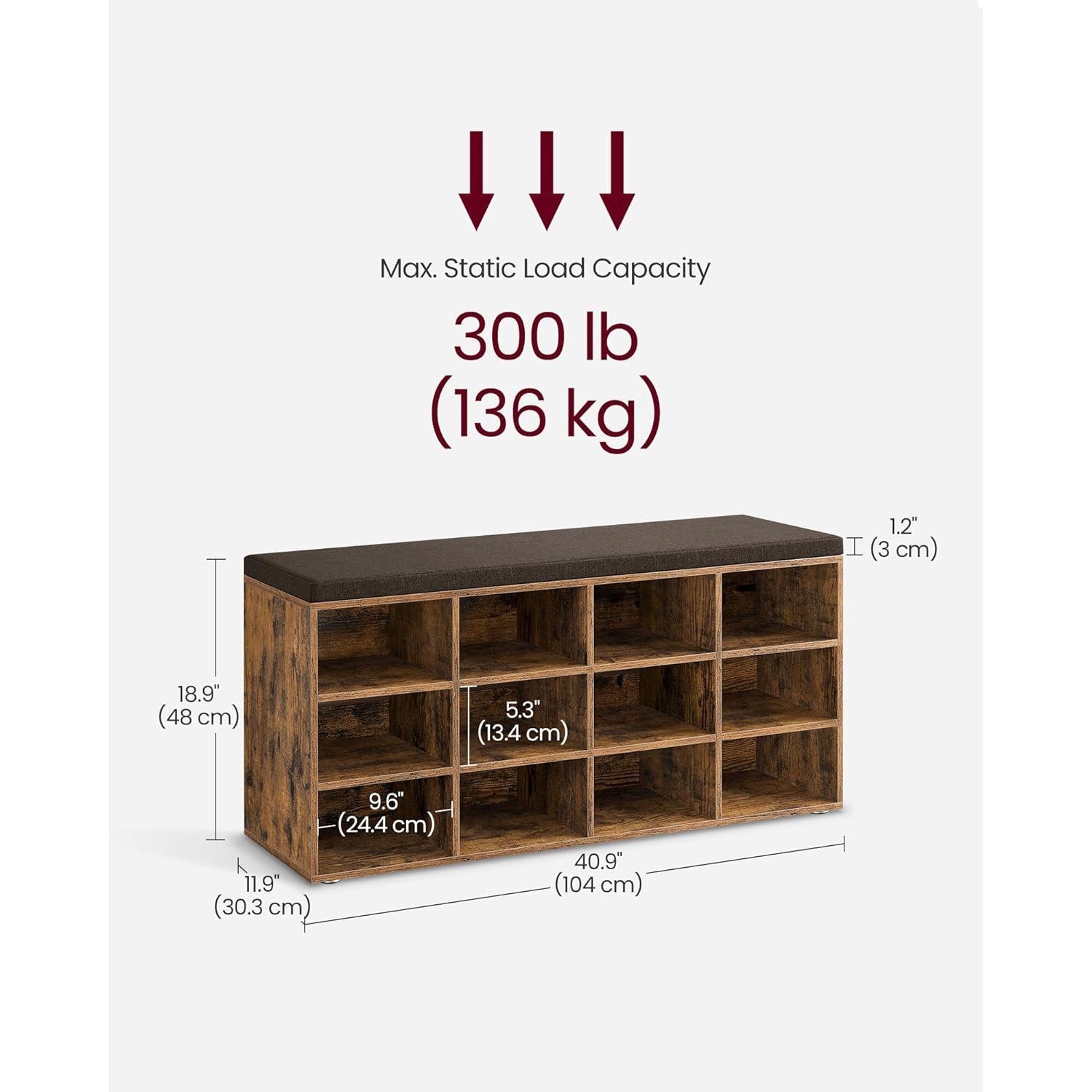 Klupa za obuvanje s 12 pretinaca, 30,3 x 104 x 48 cm, rustikalno smeđa | VASAGLE-vitahome.hr