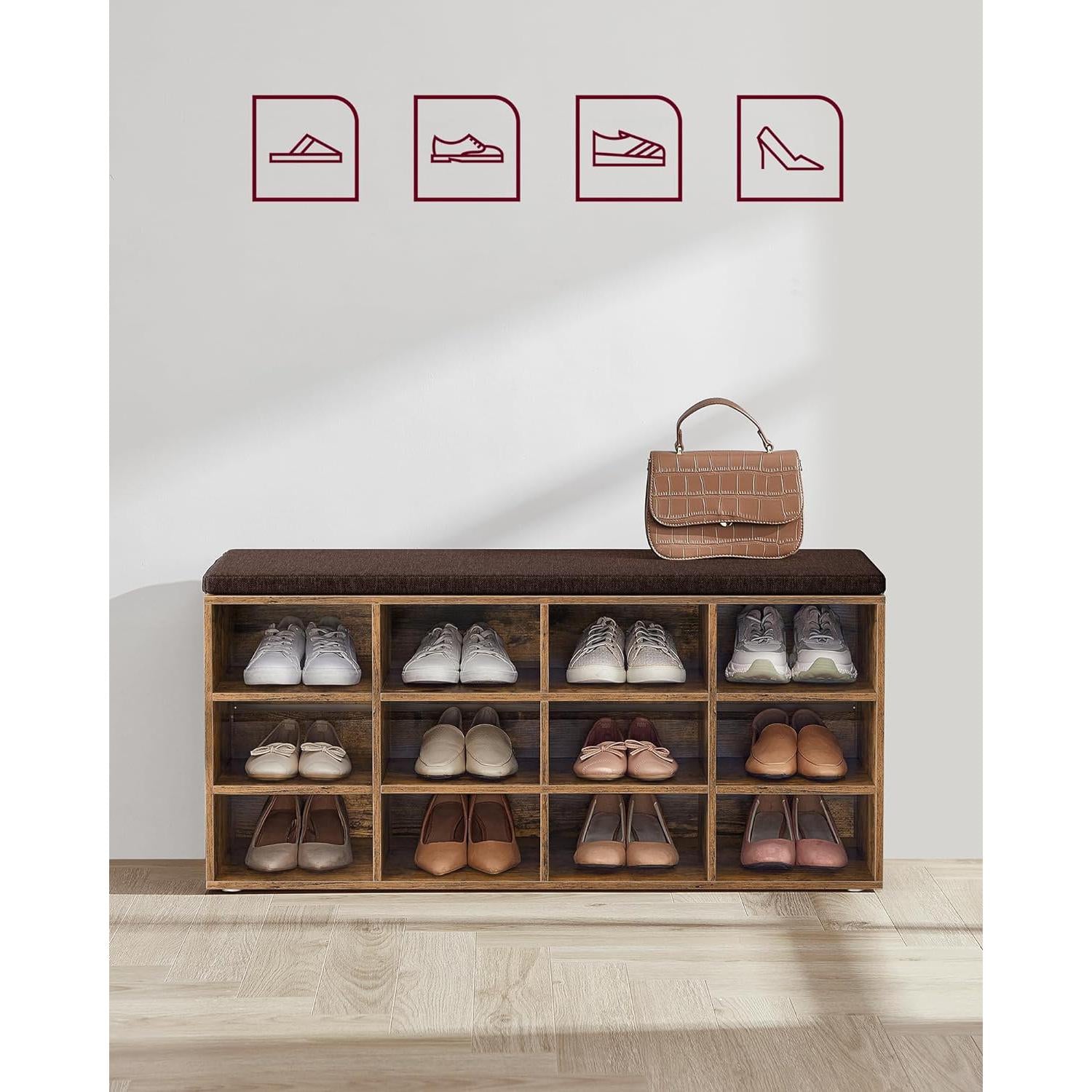 Klupa za obuvanje s 12 pretinaca, 30,3 x 104 x 48 cm, rustikalno smeđa | VASAGLE-vitahome.hr