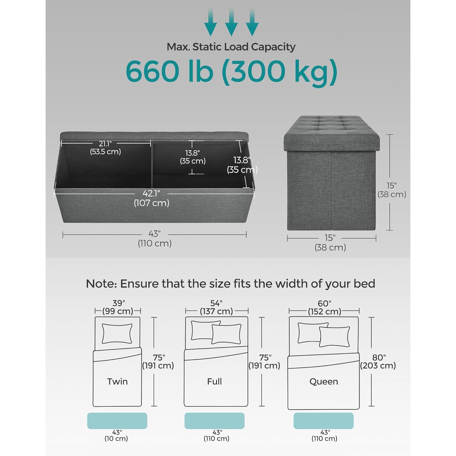 Klupa za odlaganje od 120 L, nosivosti 300 kg, 110 x 38 x 38 cm, tamno siva | SONGMICS-vitahome.hr