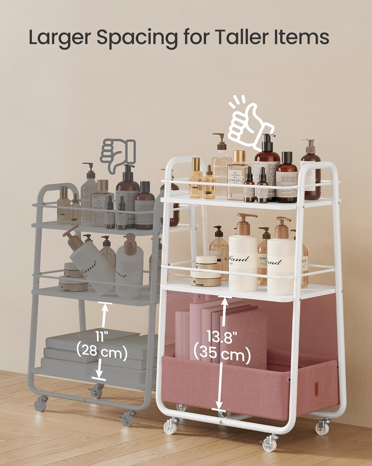 Kolica za pohranu s tekstilnom košarom, dvorazinska kolica na kotačima s policama, oblačno bijela i konjak smeđa