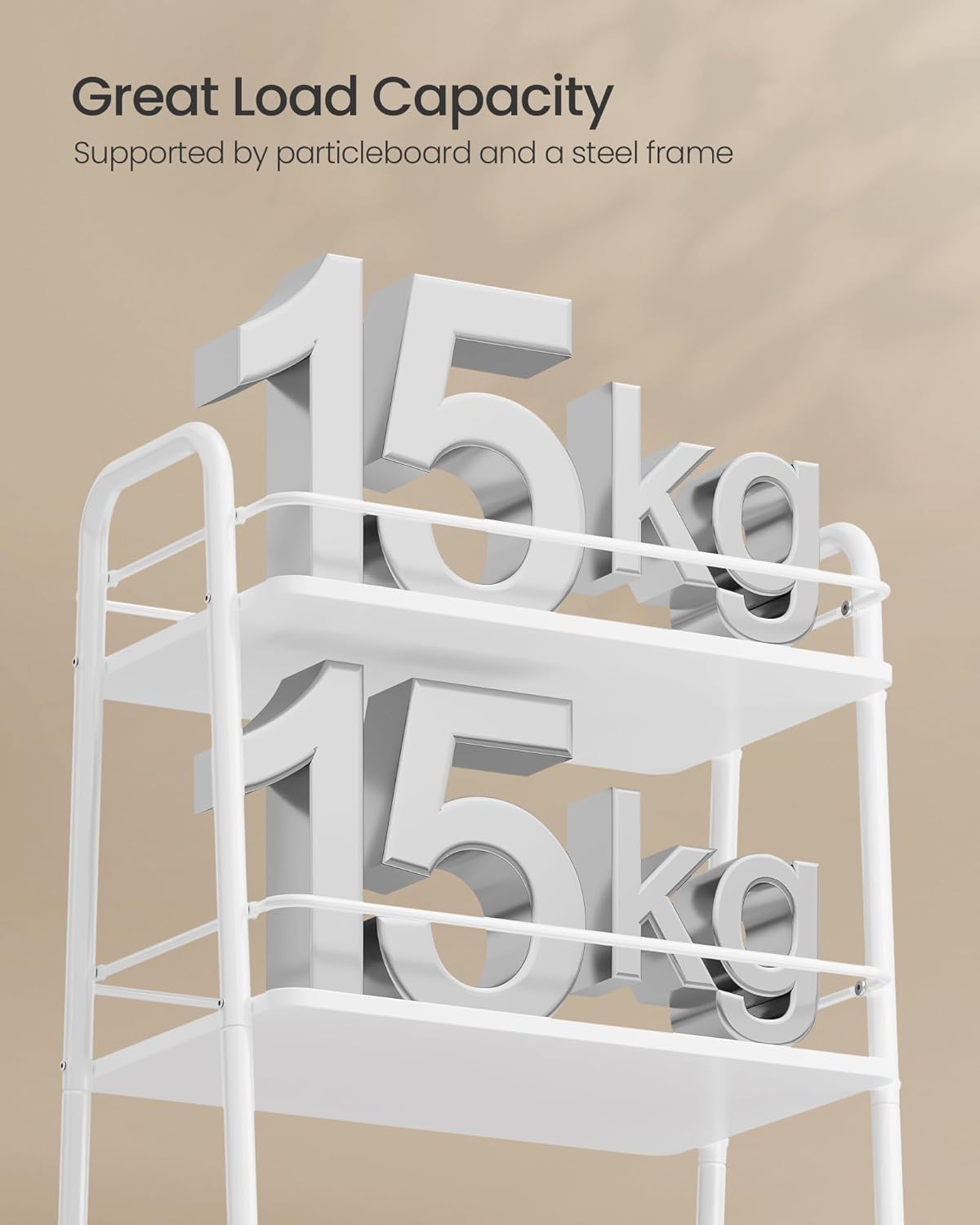 Kolica za pohranu s tekstilnom košarom, dvorazinska kolica na kotačima s policama, oblačno bijela i konjak smeđa