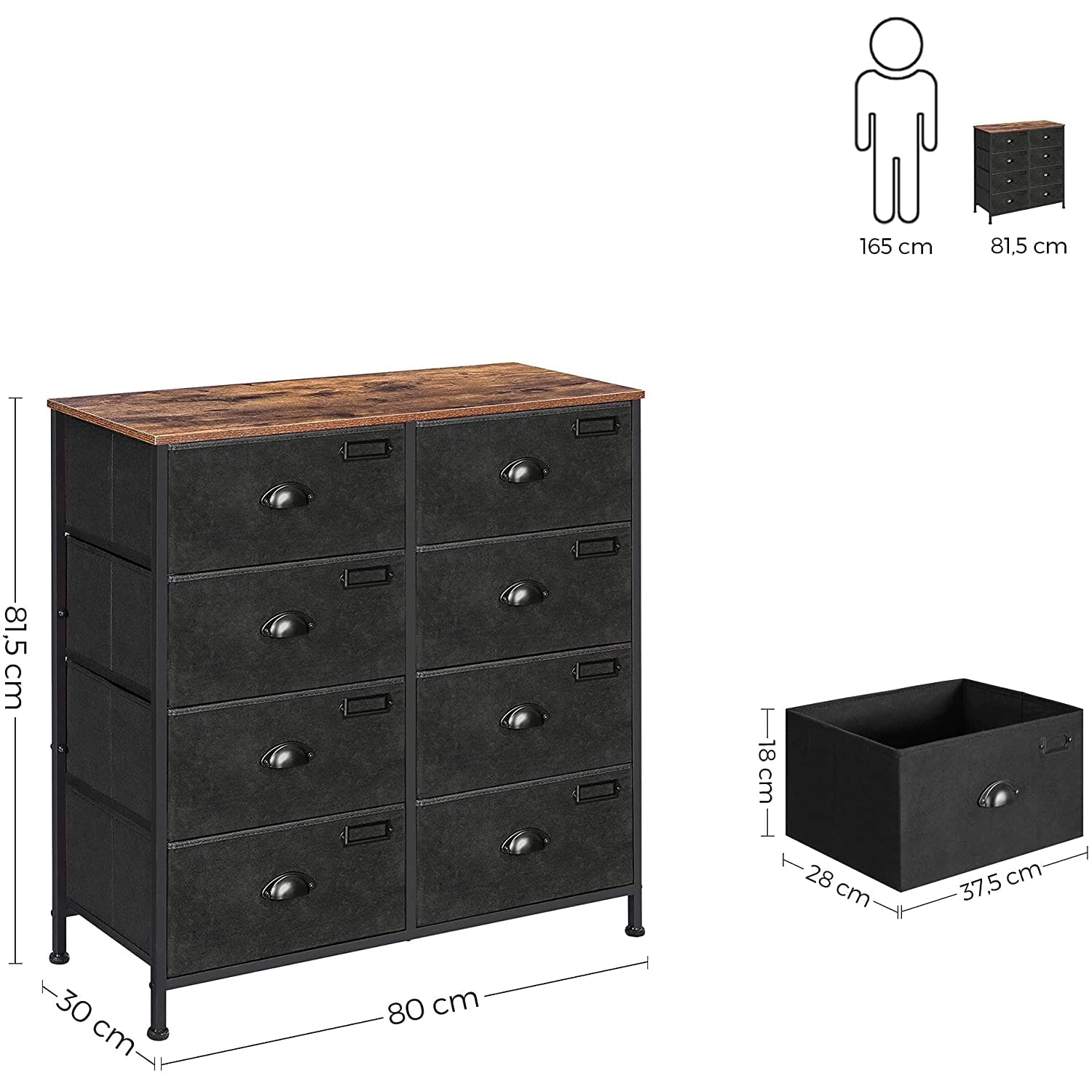 Komoda od tkanine s 8 ladica, 80 x 81,5 x 30 cm, rustikalno smeđa i crna | SONGMICS-vitahome.hr