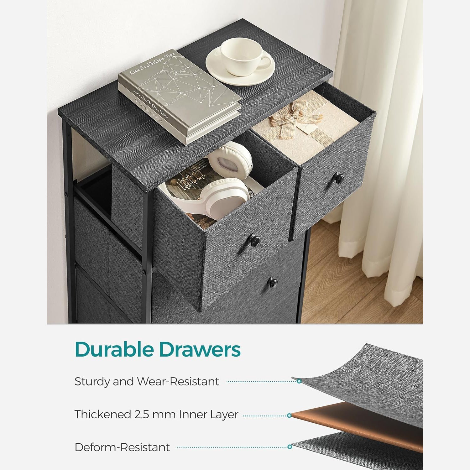 Komoda, platneni organizator s 5 ladica, boja siva i crna s drvetom | SONGMICS-vitahome.hr