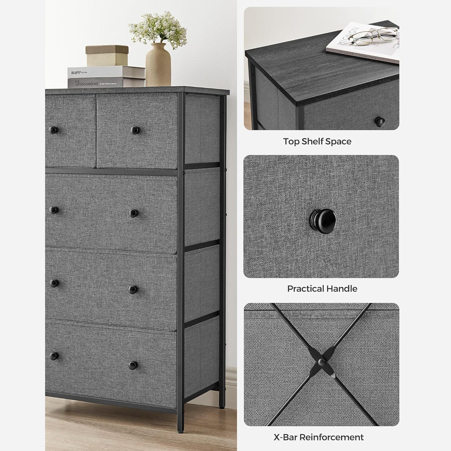 Komoda, platneni organizator s 5 ladica, boja siva i crna s drvetom | SONGMICS-vitahome.hr