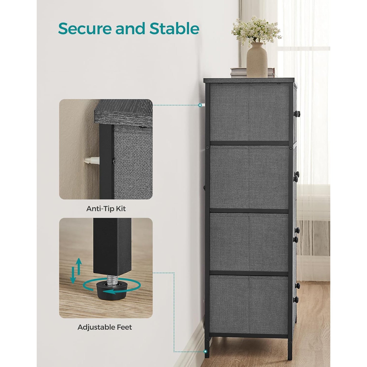 Komoda, platneni organizator s 5 ladica, boja siva i crna s drvetom | SONGMICS-vitahome.hr