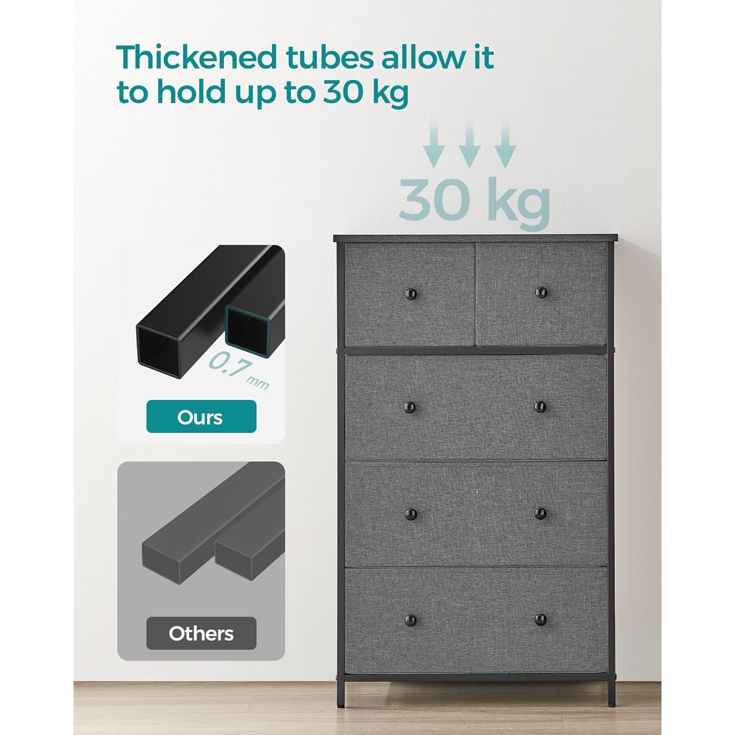 Komoda, platneni organizator s 5 ladica, boja siva i crna s drvetom | SONGMICS-vitahome.hr