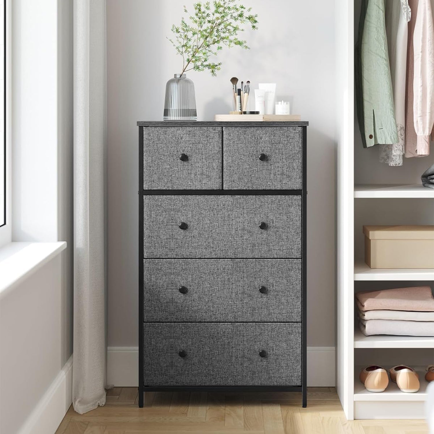 Komoda, platneni organizator s 5 ladica, boja siva i crna s drvetom | SONGMICS-vitahome.hr