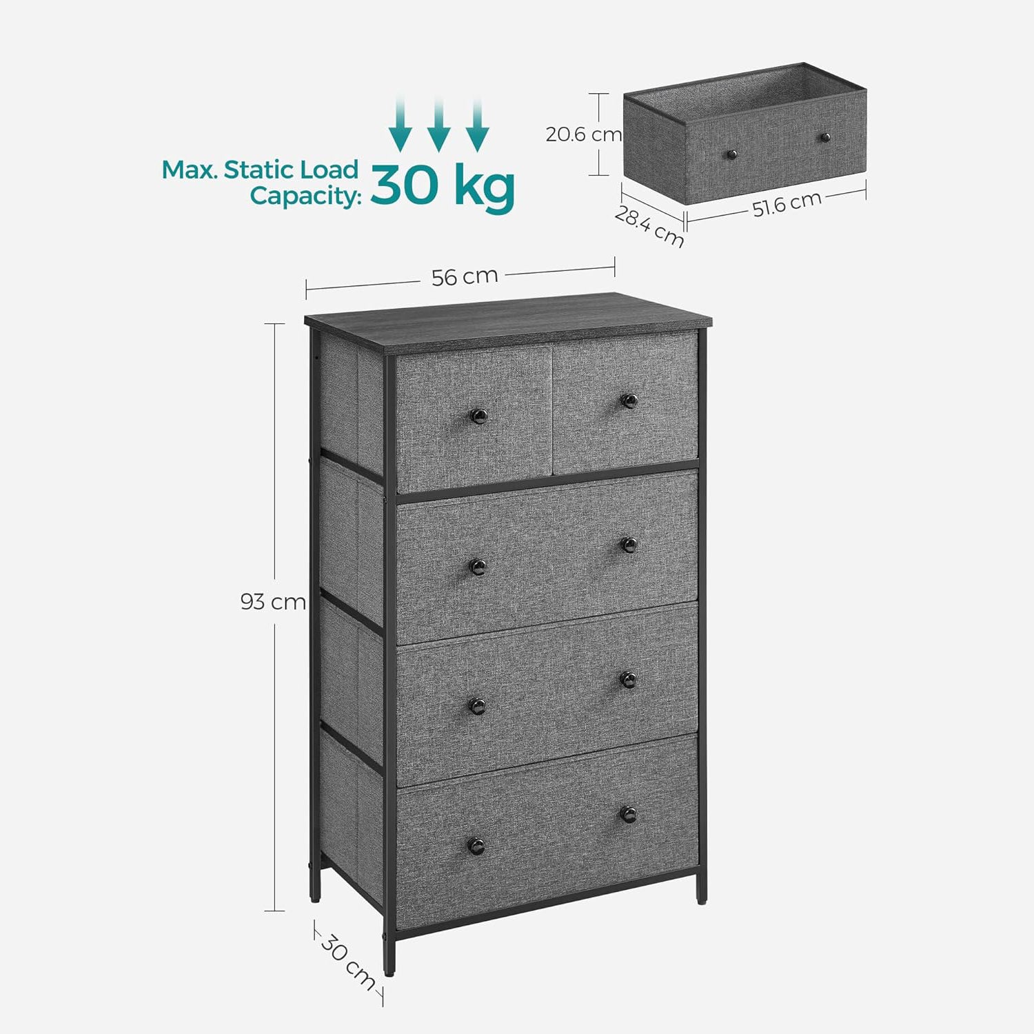 Komoda, platneni organizator s 5 ladica, boja siva i crna s drvetom | SONGMICS-vitahome.hr