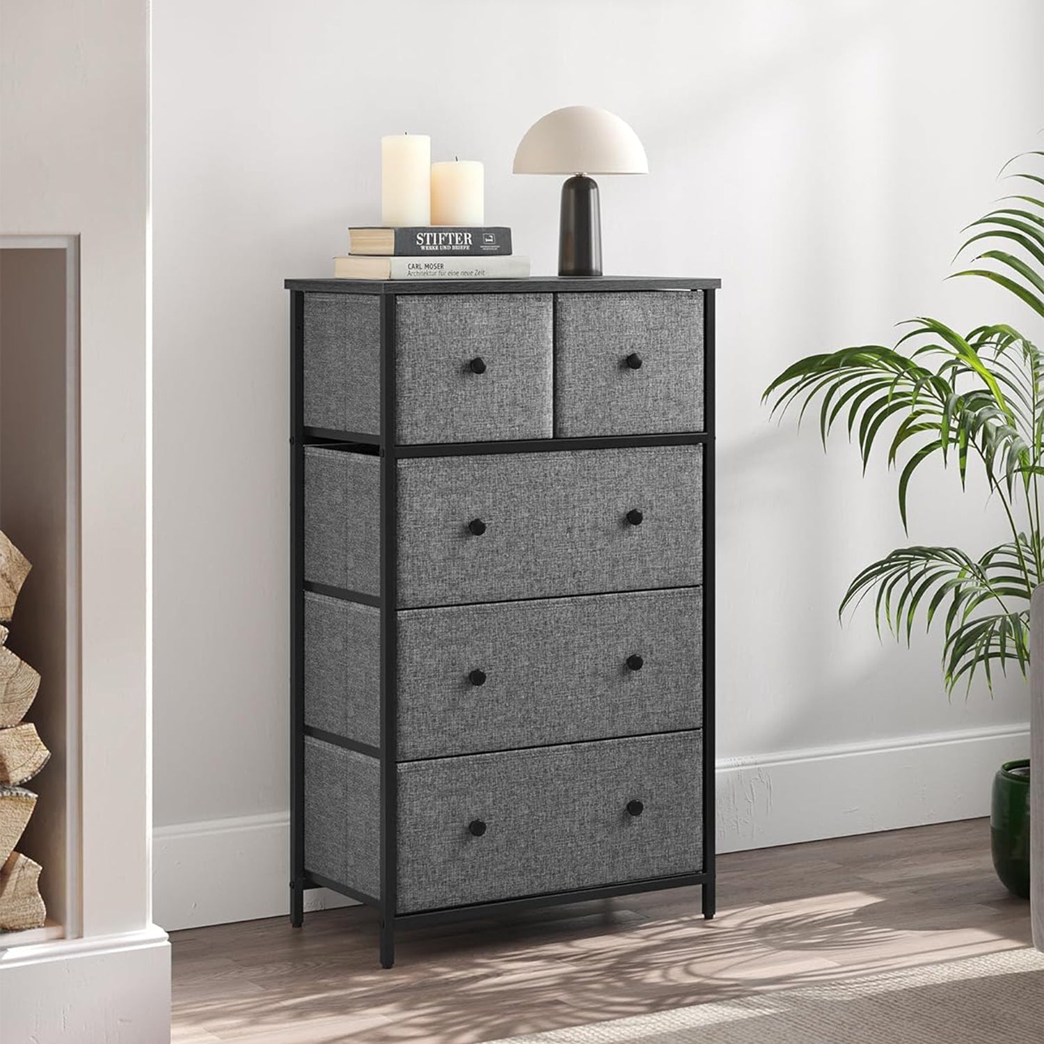 Komoda, platneni organizator s 5 ladica, boja siva i crna s drvetom | SONGMICS-vitahome.hr