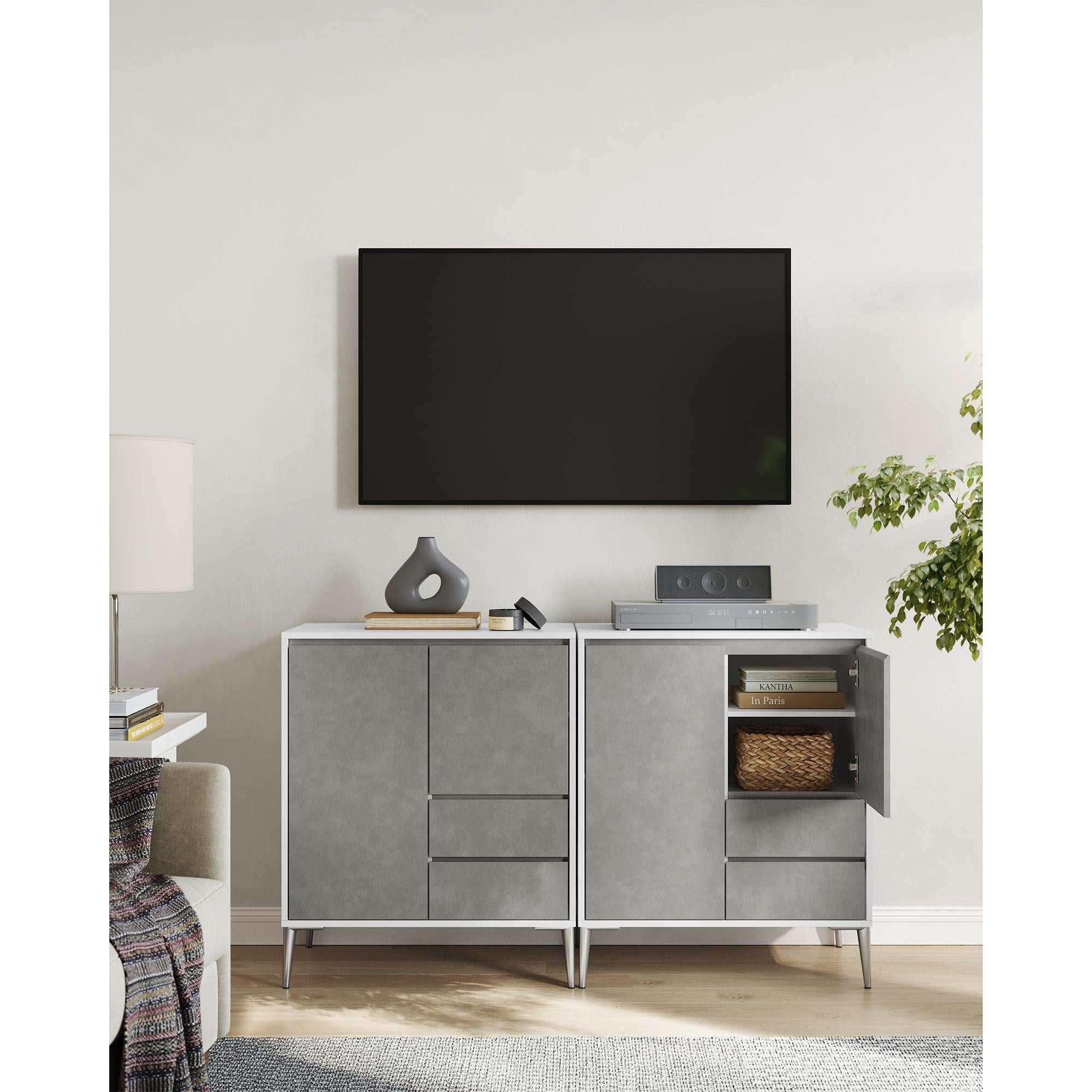 Komoda s 2 ladice, 2 odjeljka s vratima, 40 x 70 x 85 cm, sivo-bijele boje | VASAGLE-vitahome.hr