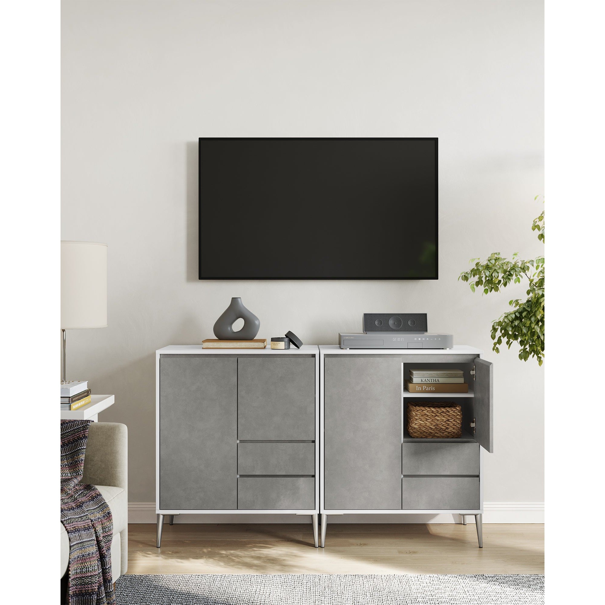 Komoda s 2 ladice, 2 odjeljka s vratima, 40 x 70 x 85 cm, sivo-bijele boje | VASAGLE-vitahome.hr
