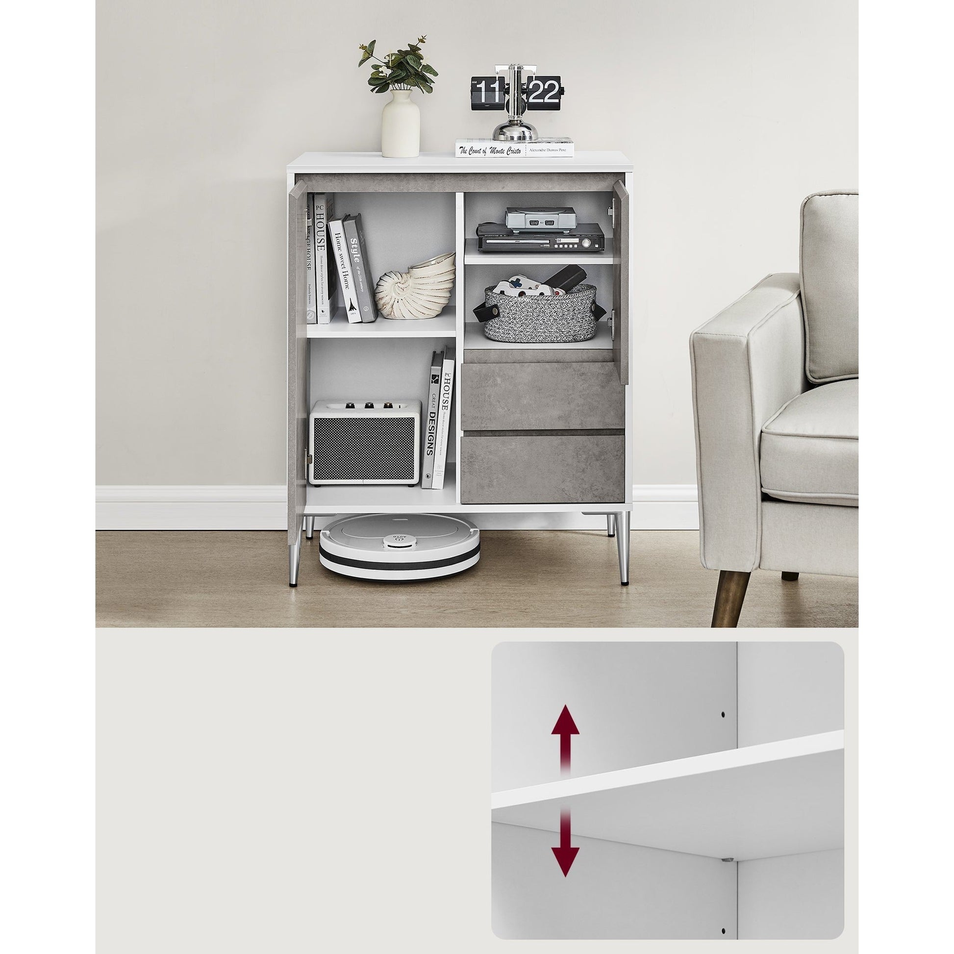 Komoda s 2 ladice, 2 odjeljka s vratima, 40 x 70 x 85 cm, sivo-bijele boje | VASAGLE-vitahome.hr