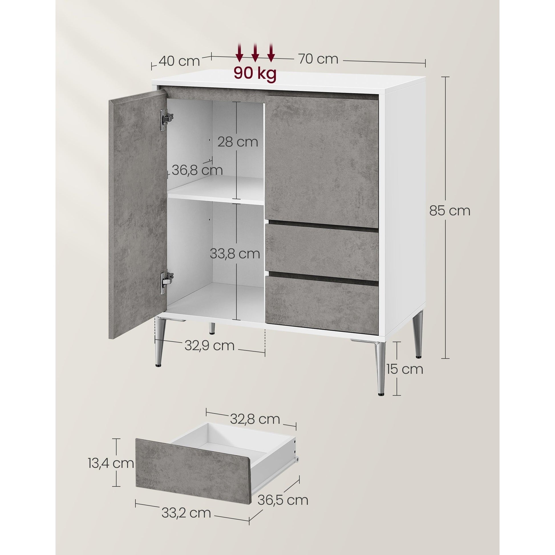Komoda s 2 ladice, 2 odjeljka s vratima, 40 x 70 x 85 cm, sivo-bijele boje | VASAGLE-vitahome.hr