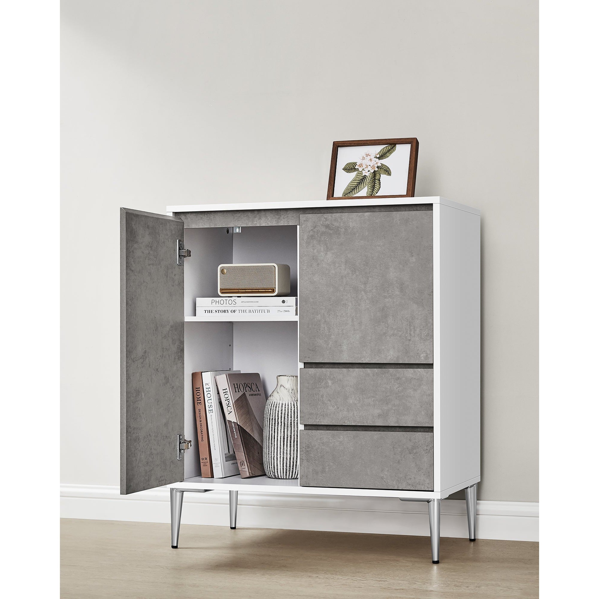 Komoda s 2 ladice, 2 odjeljka s vratima, 40 x 70 x 85 cm, sivo-bijele boje | VASAGLE-vitahome.hr