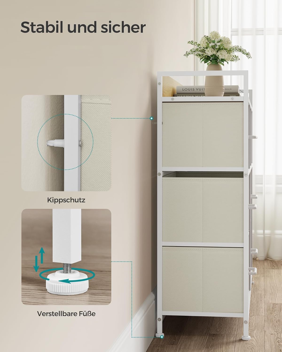 Komoda s 7 ladica od tkanine s ručkama, 28,5 x 98 x 85 cm, krem i bijela | SONGMICS-vitahome.hr