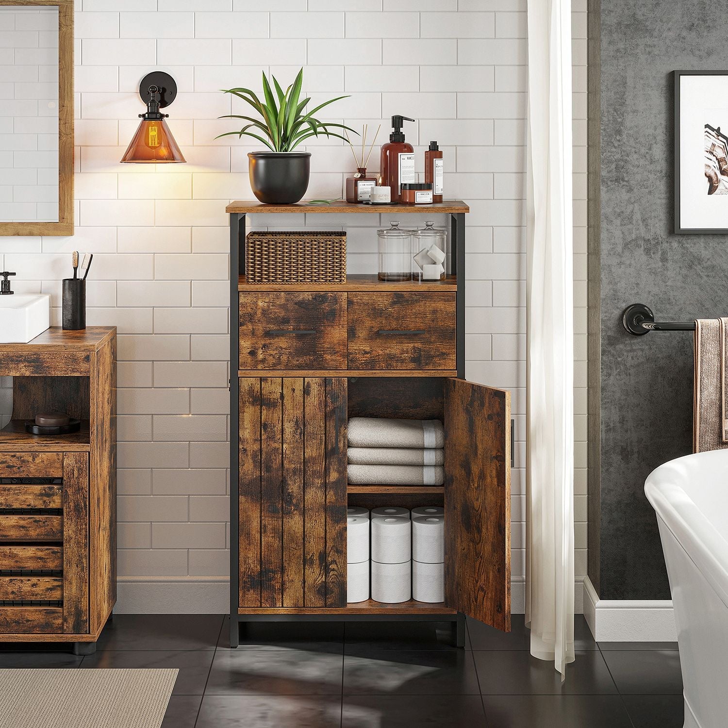 Komoda s ladicom i policom, 60 x 30 x 108 cm, rustikalno smeđa i crna | VASAGLE-VASAGLE-Vita Home