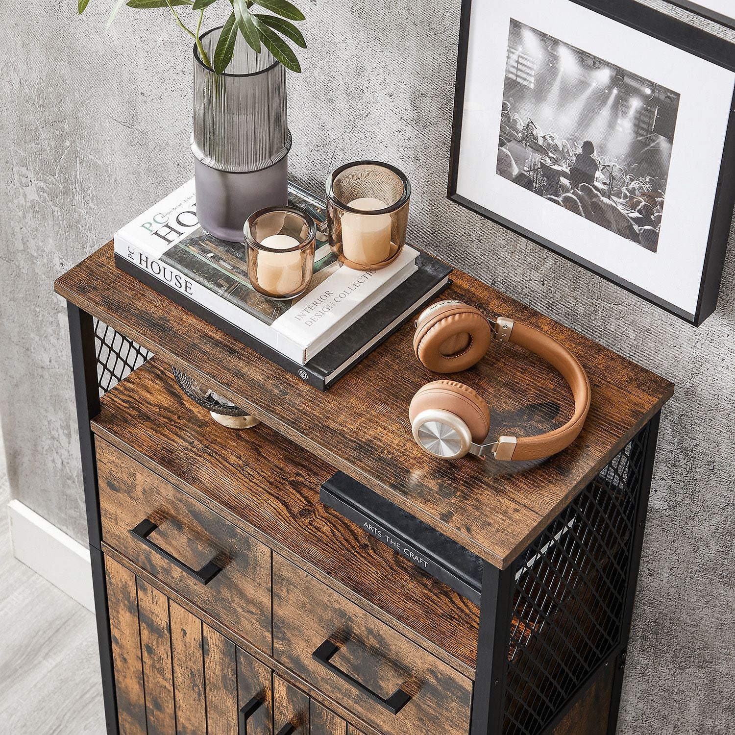 Komoda s ladicom i policom, 60 x 30 x 108 cm, rustikalno smeđa i crna | VASAGLE-VASAGLE-Vita Home