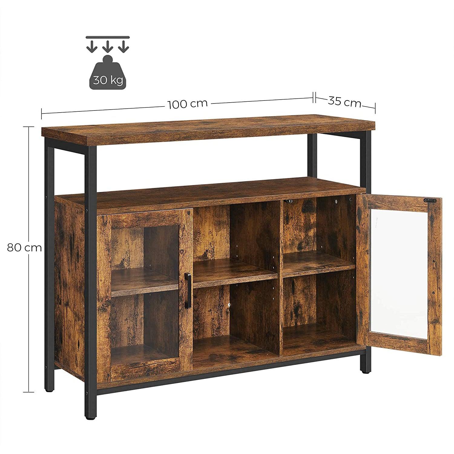 Komoda, švedski stol s 2 prozirna staklena vrata 100 x 80 x 35 cm, rustikalno smeđa | Vasagle-vitahome.hr