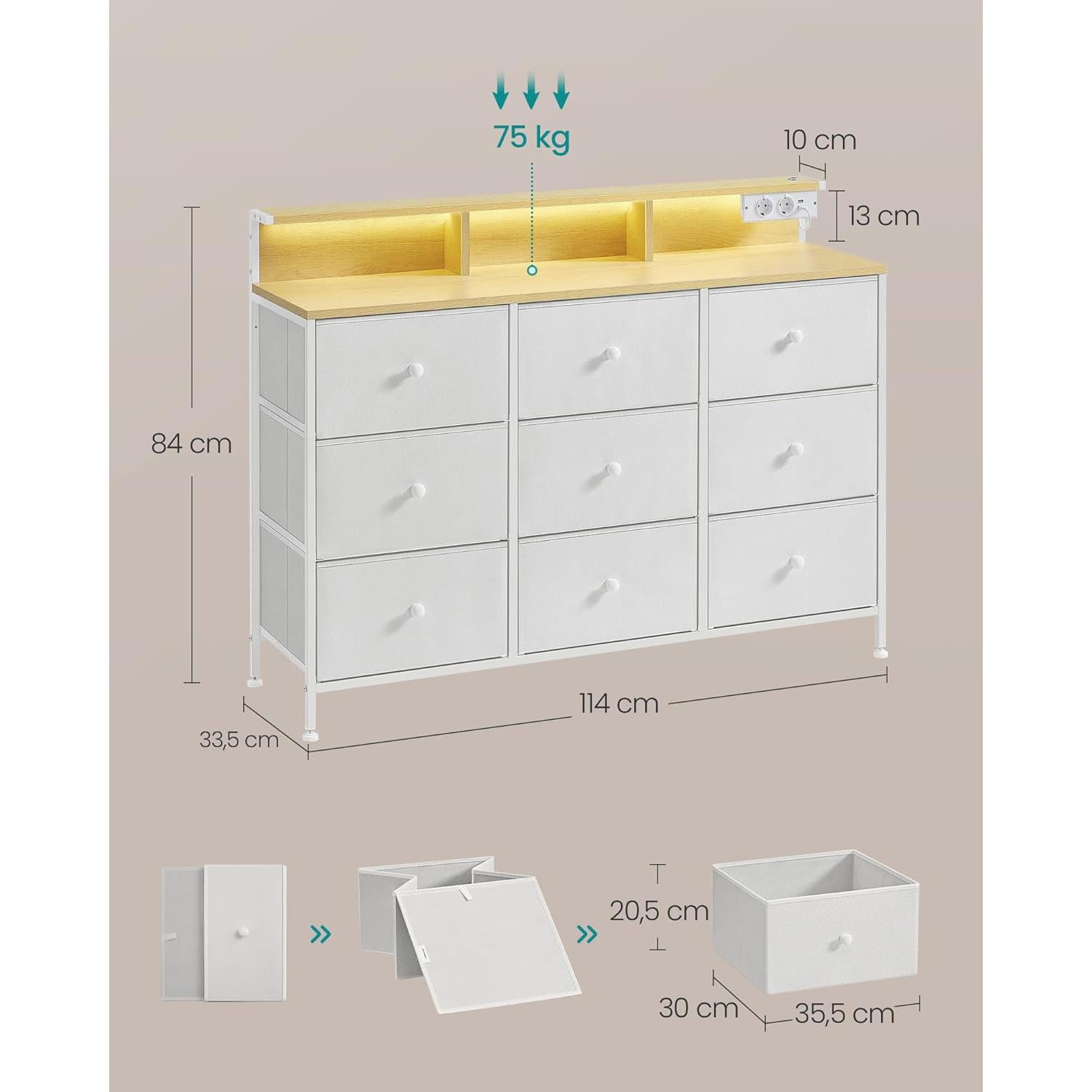 Komoda za skladištenje s LED osvjetljenjem, 33,5 x 114 x 84 cm, bijela | SONGMICS-vitahome.hr