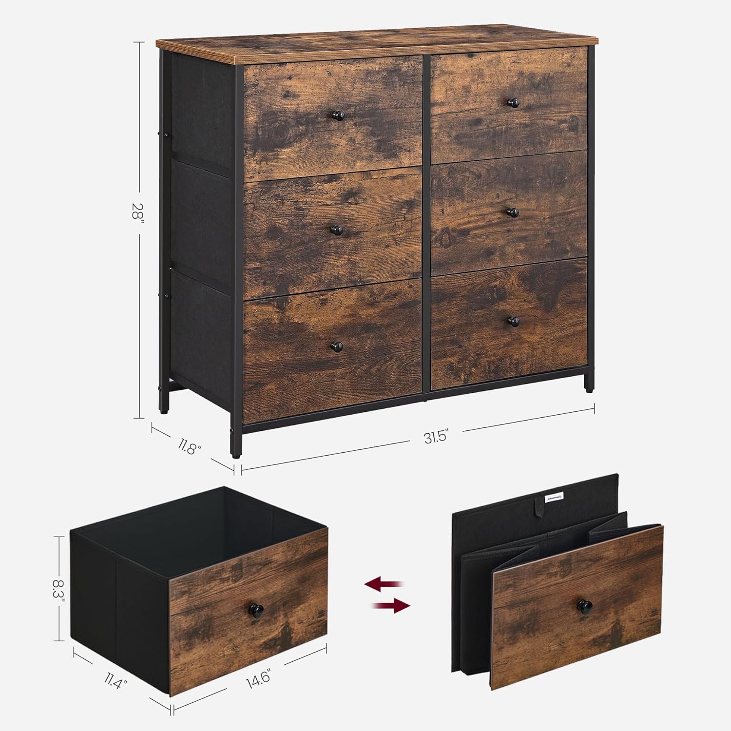 Komoda za spavaću sobu s 6 ladica, 30 x 80 x 71 cm, smeđa i crna | SONGMICS-vitahome.hr