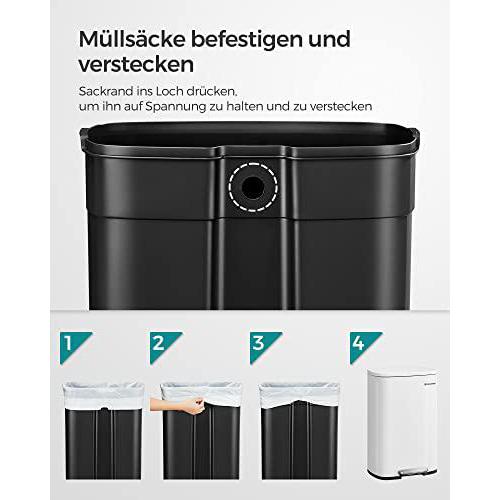 Konyhai pedálos kuka, 50L szemetes kuka, műanyag belső vödörrel, csukható fedéllel, puha záródással, szagálló és higiénikus, fehér-SONGMICS-Vita Home