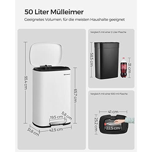 Konyhai pedálos kuka, 50L szemetes kuka, műanyag belső vödörrel, csukható fedéllel, puha záródással, szagálló és higiénikus, fehér-SONGMICS-Vita Home