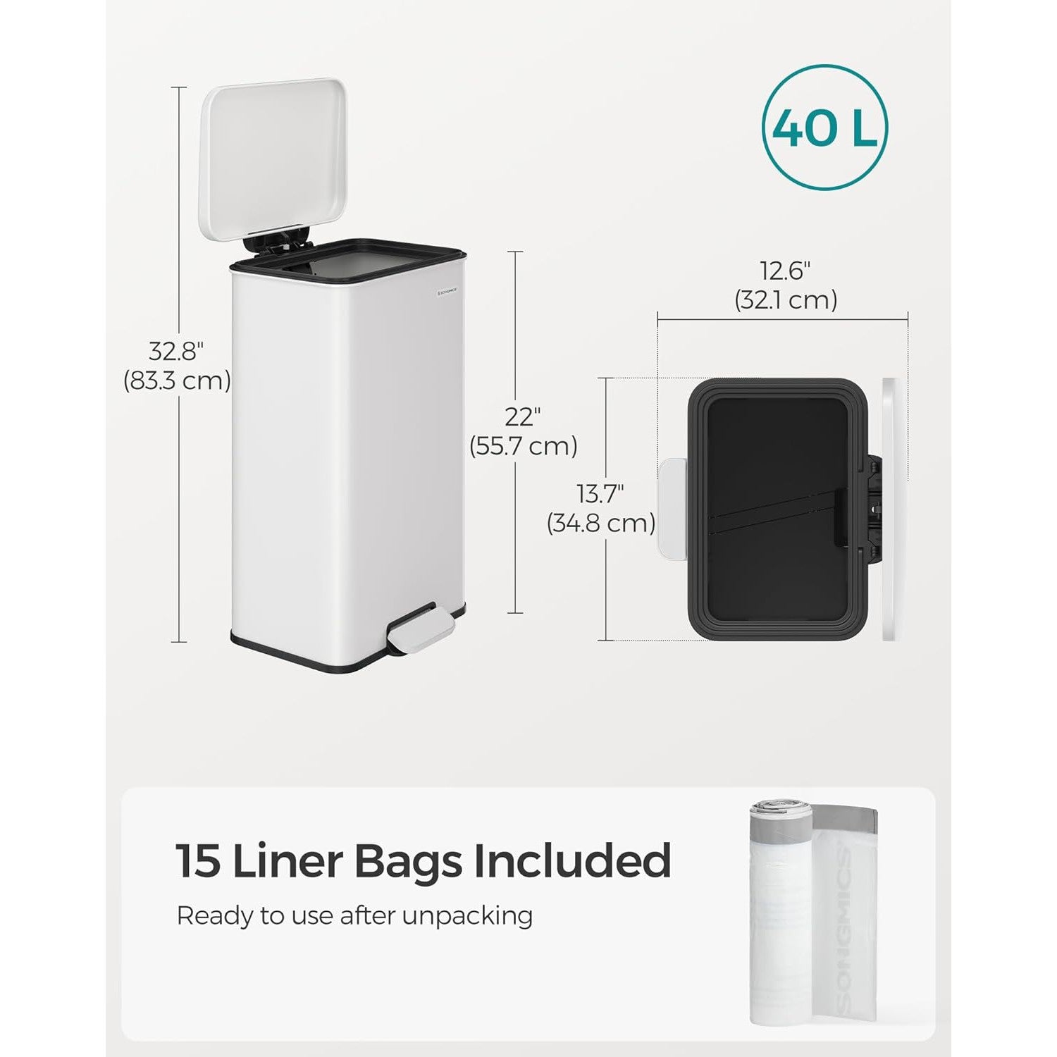 Konyhai Szemetes 40L, Nagy pedálos kuka 15 szemeteszsák mellékelve, Fehér-SONGMICS-Vita Home