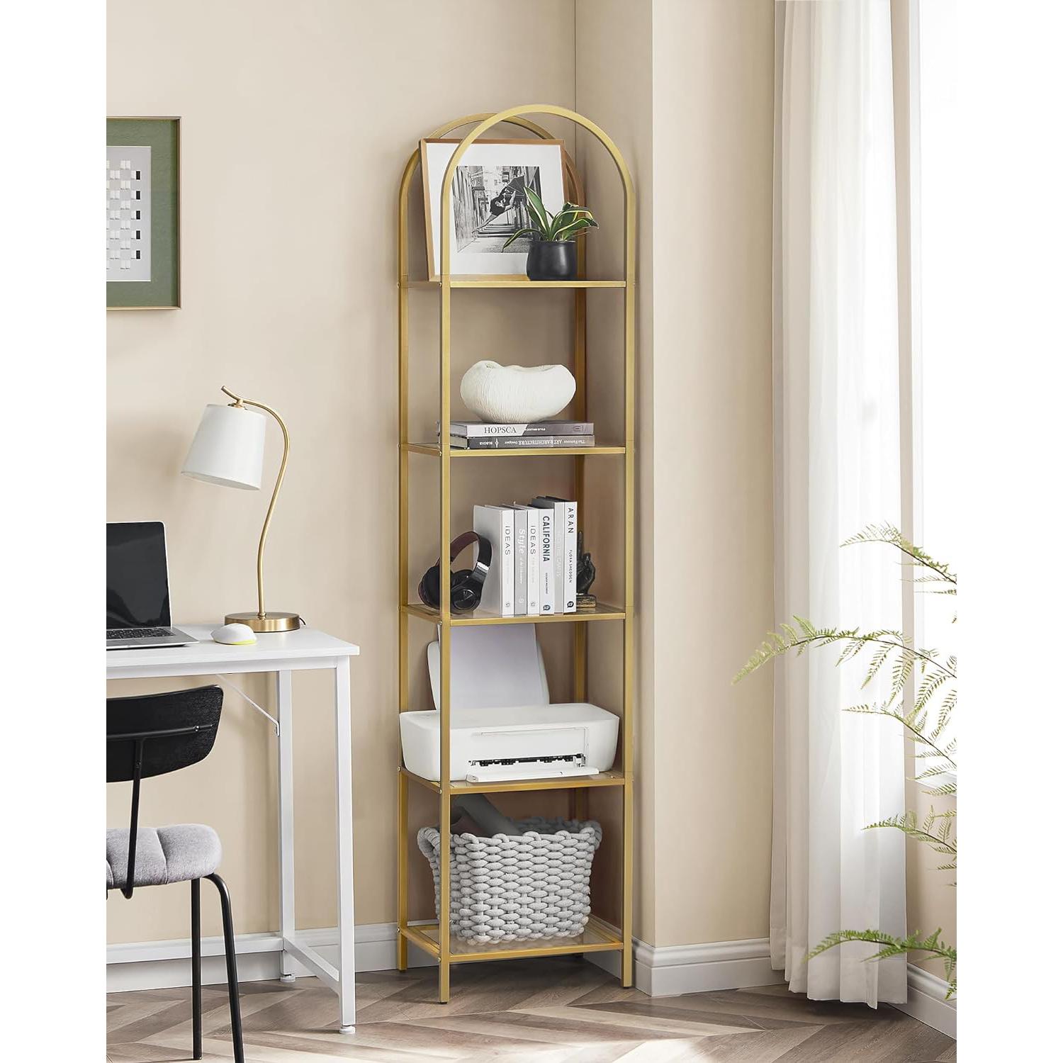 Könyvespolc, 5 szintes íves üveg tároló polc, arany színű-VASAGLE-Vita Home
