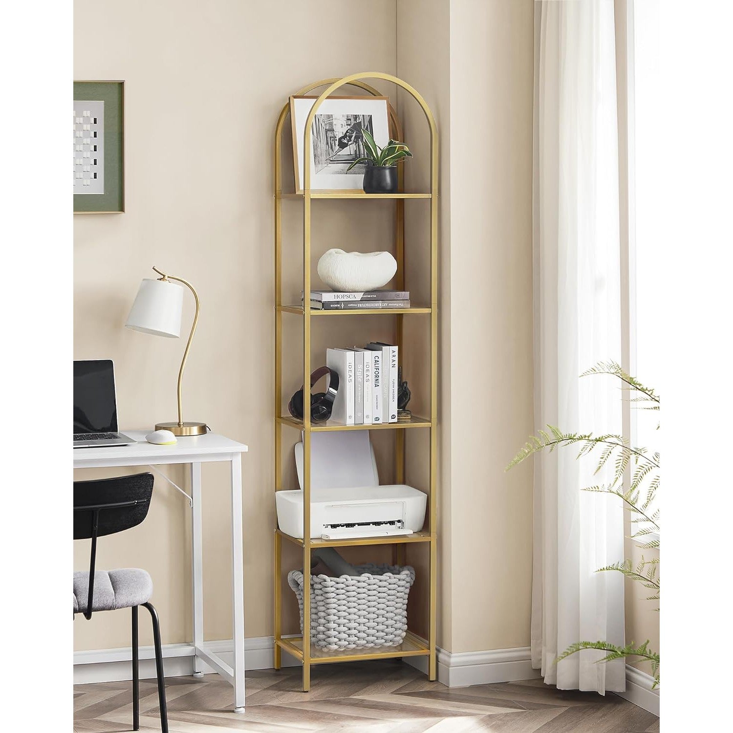 Könyvespolc, 5 szintes íves üveg tároló polc, arany színű-VASAGLE-Vita Home