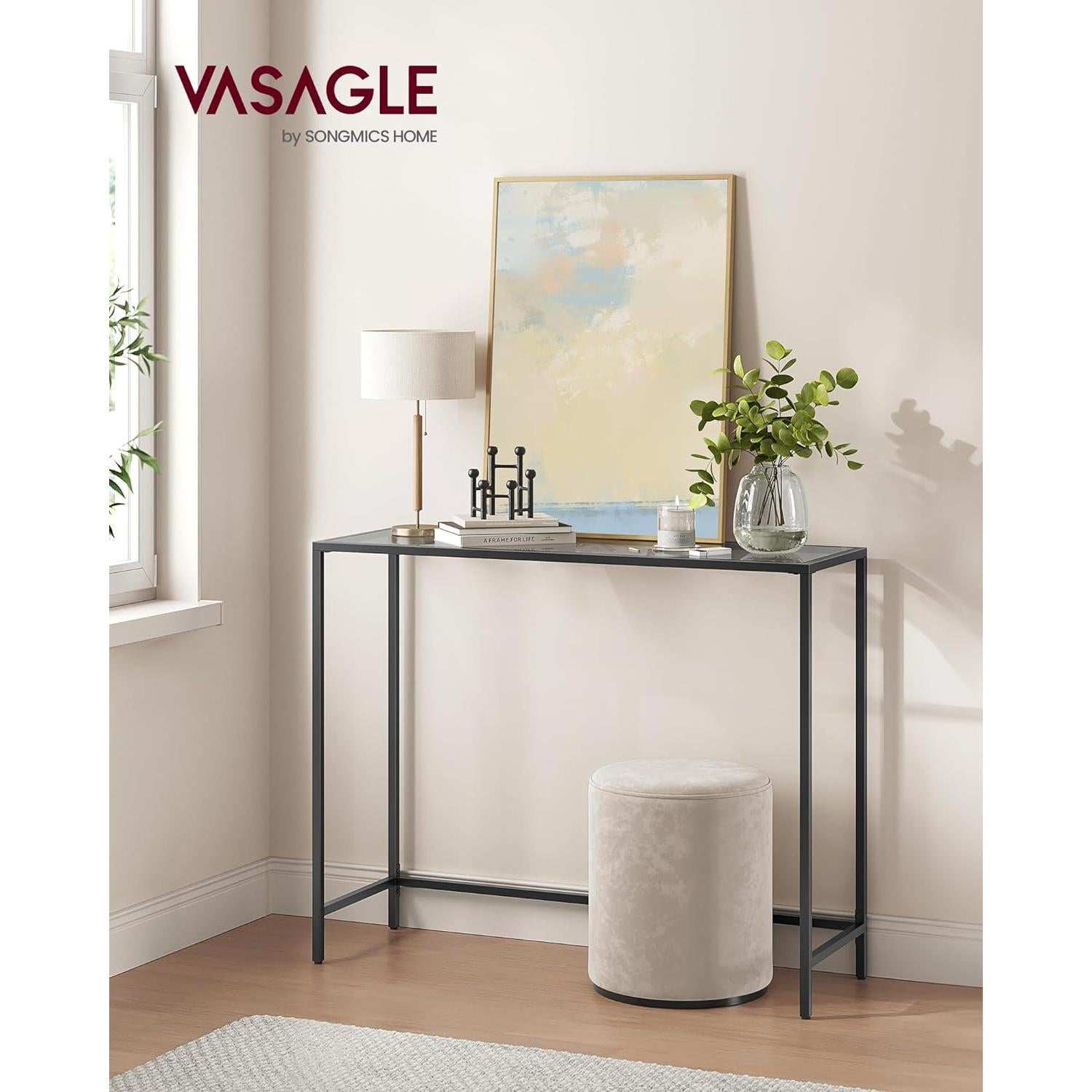 Konzolasztal, oldalsó asztal, edzett üveg asztallap, fekete és szürke-VASAGLE-Vita Home