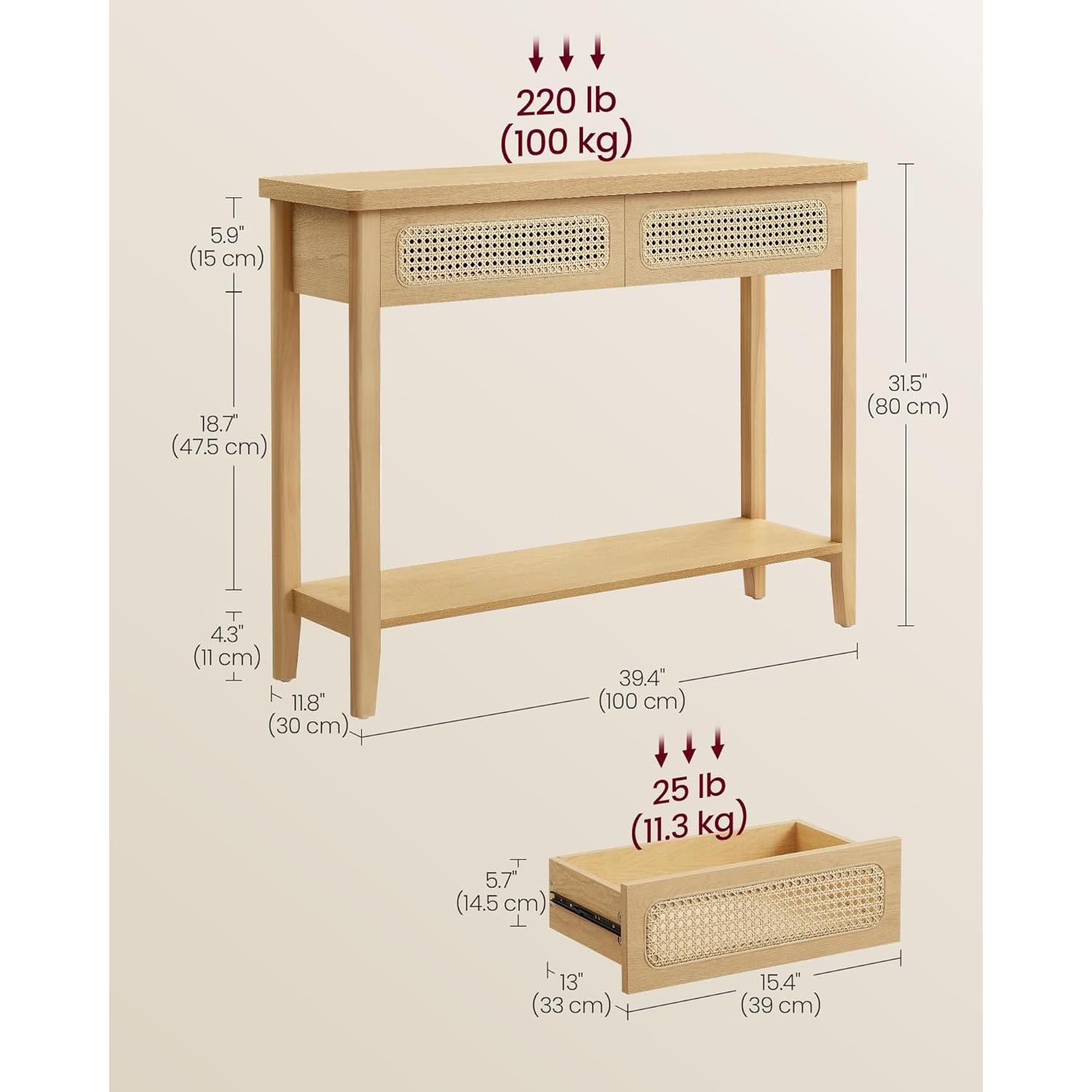 Konzolni stol boho stila s 2 ladice, 30 x 100 x 80 cm, hrast bež boje | VASAGLE-vitahome.hr