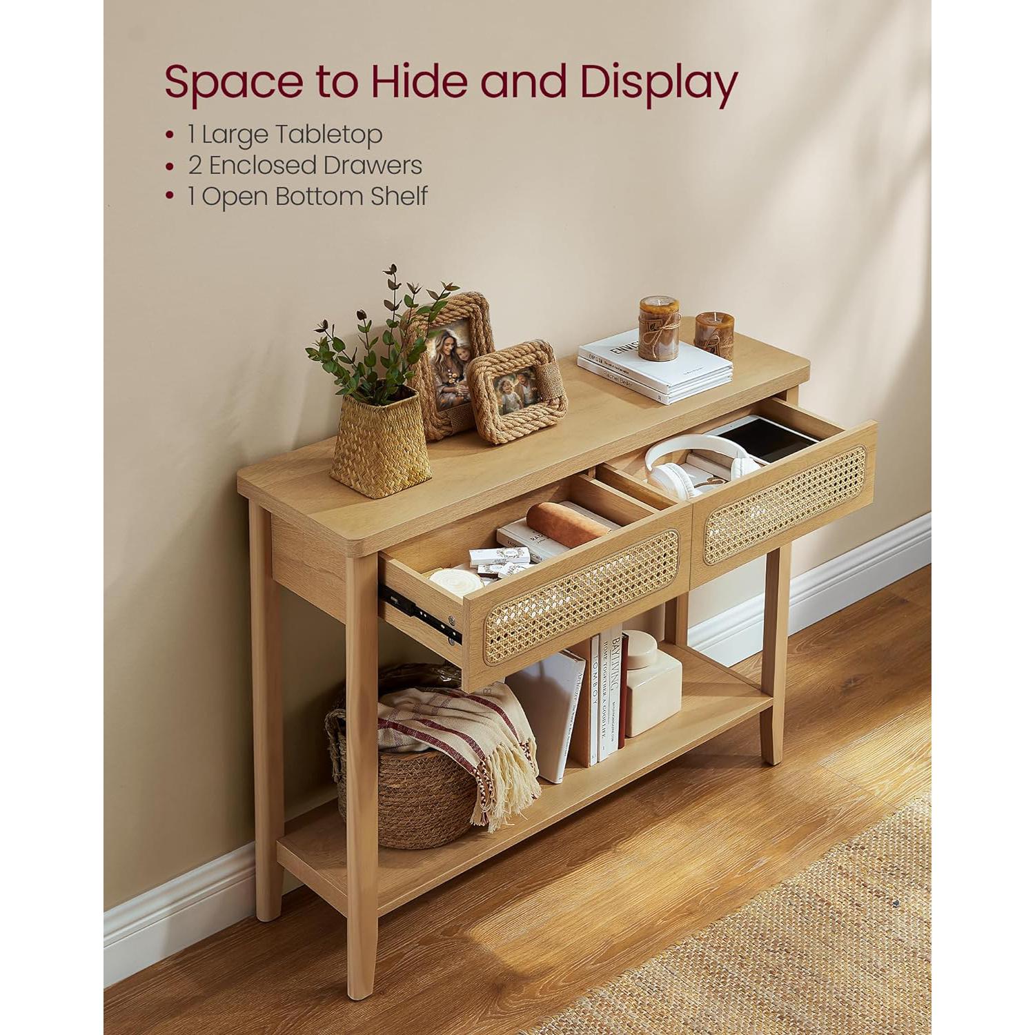 Konzolni stol boho stila s 2 ladice, 30 x 100 x 80 cm, hrast bež boje | VASAGLE-vitahome.hr