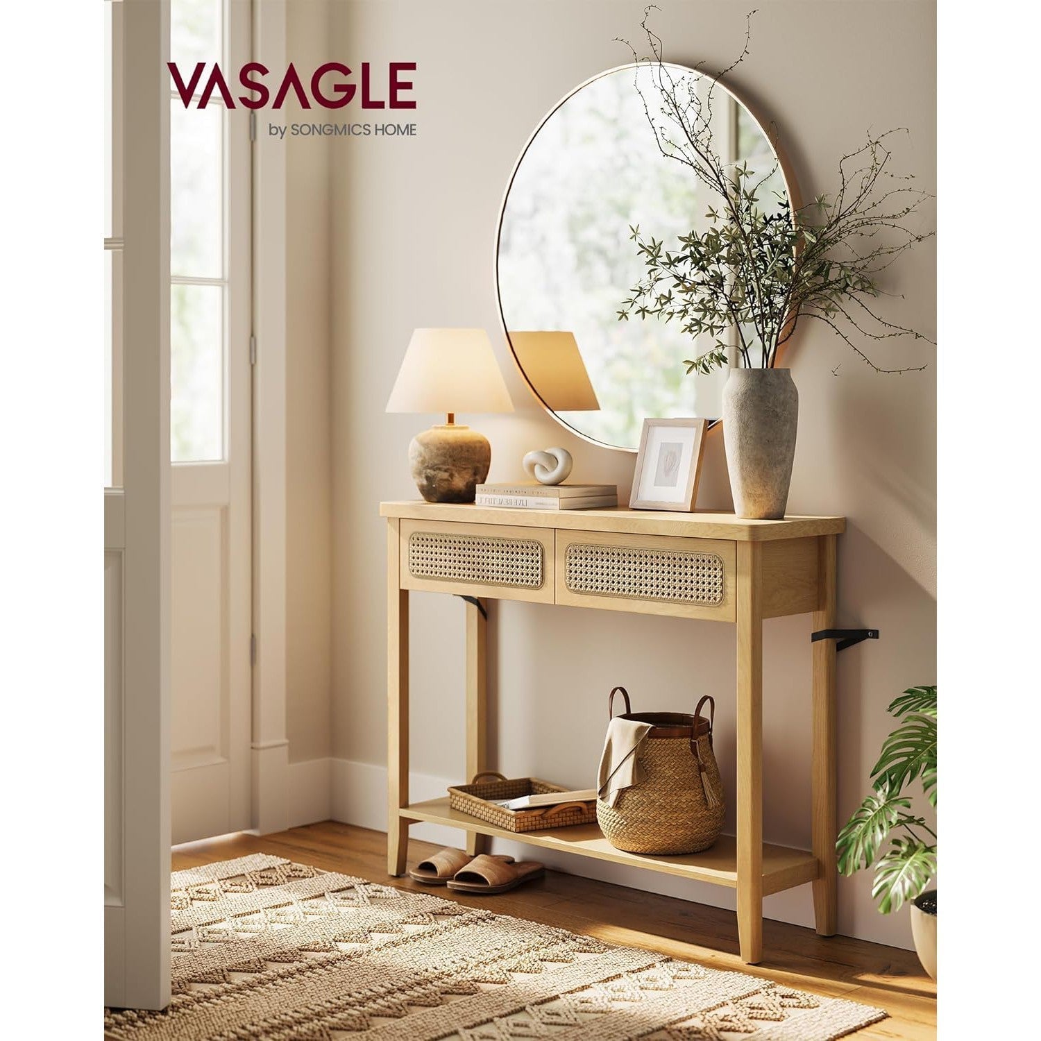 Konzolni stol boho stila s 2 ladice, 30 x 100 x 80 cm, hrast bež boje | VASAGLE-vitahome.hr
