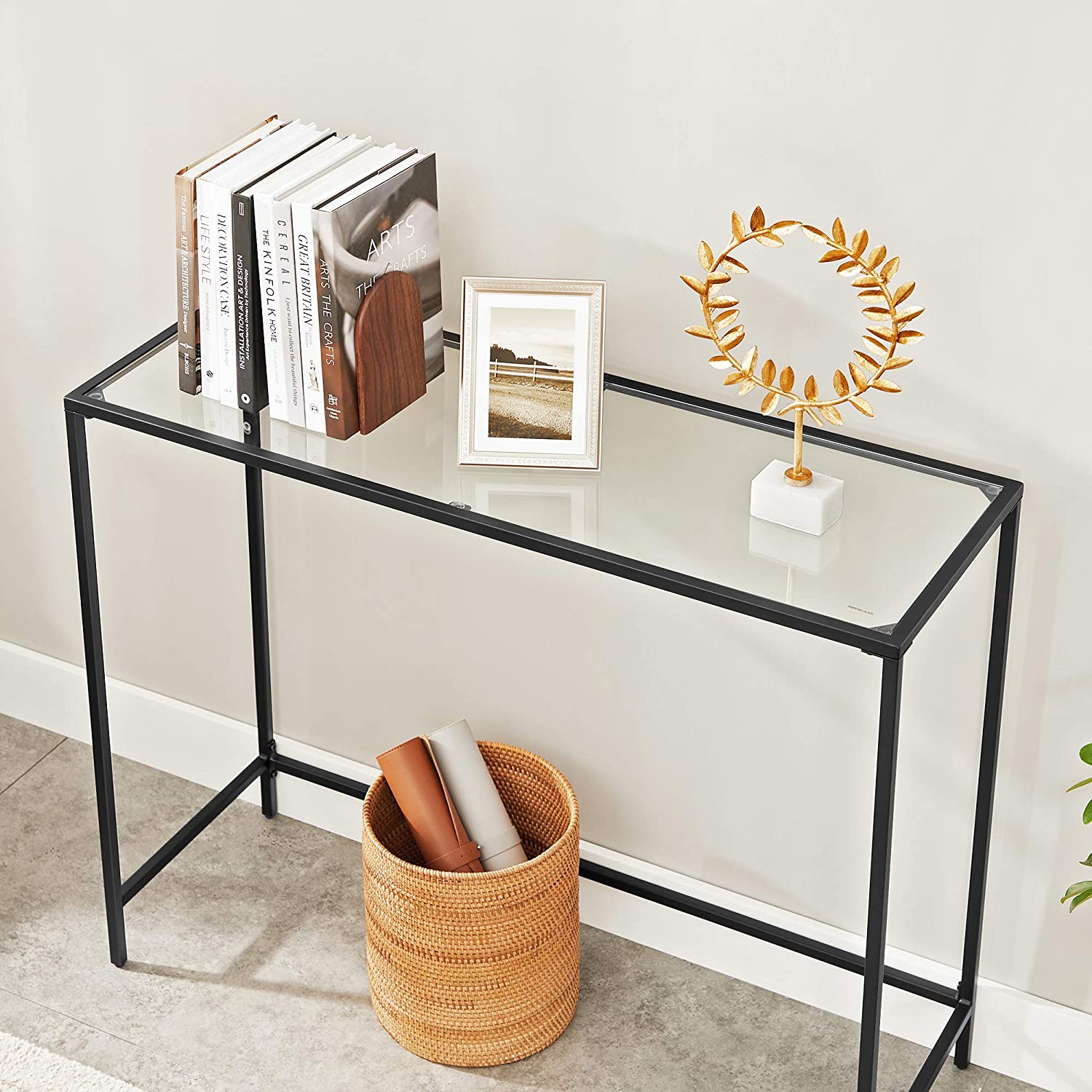 konzolni stol kaljeno staklo, podesive noge, 100 x 80 x 35 cm crno | Vasagle-vitahome.hr