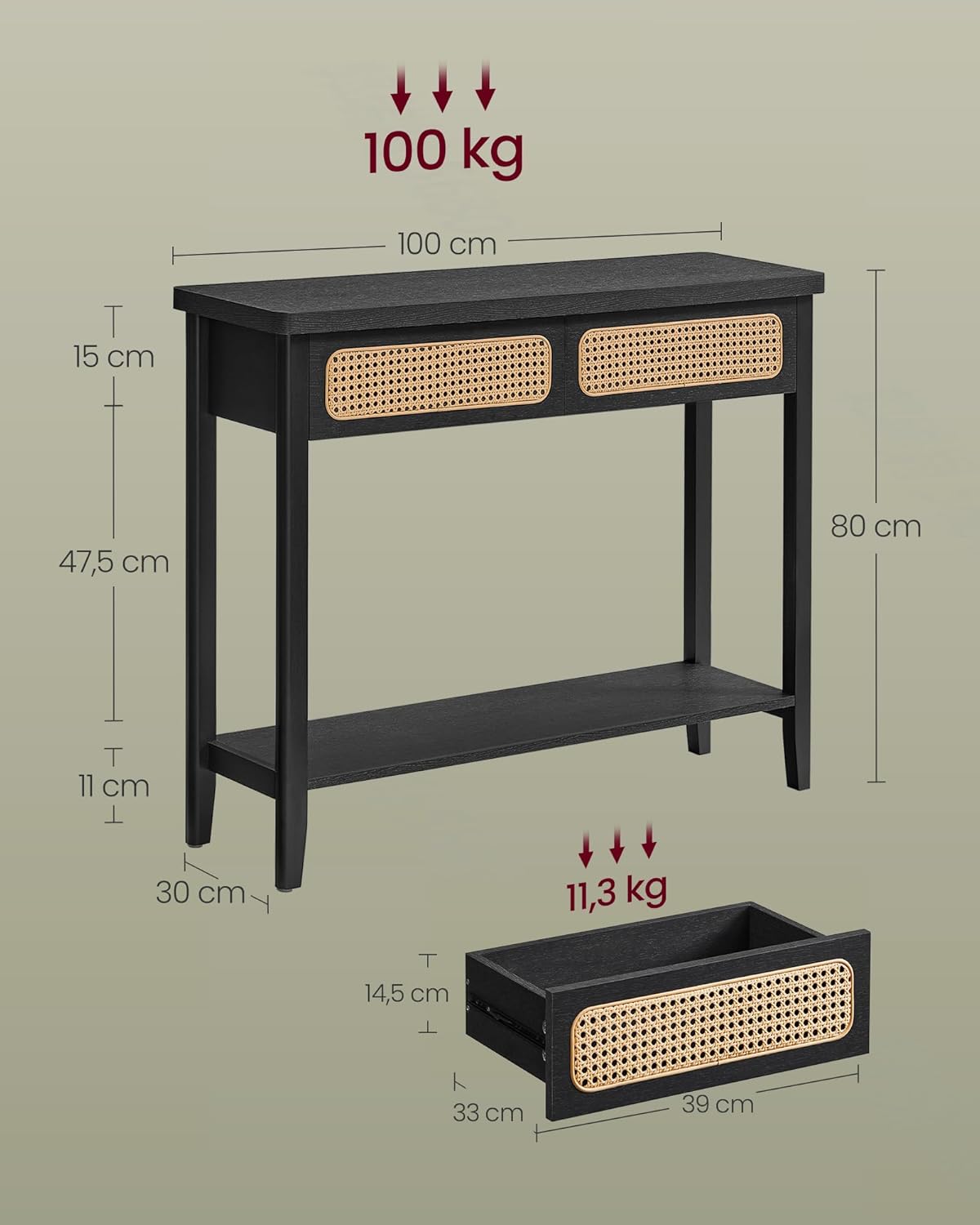 Konzolni stol s 2 ladice, 100 x 30 x 80 cm, crne boje