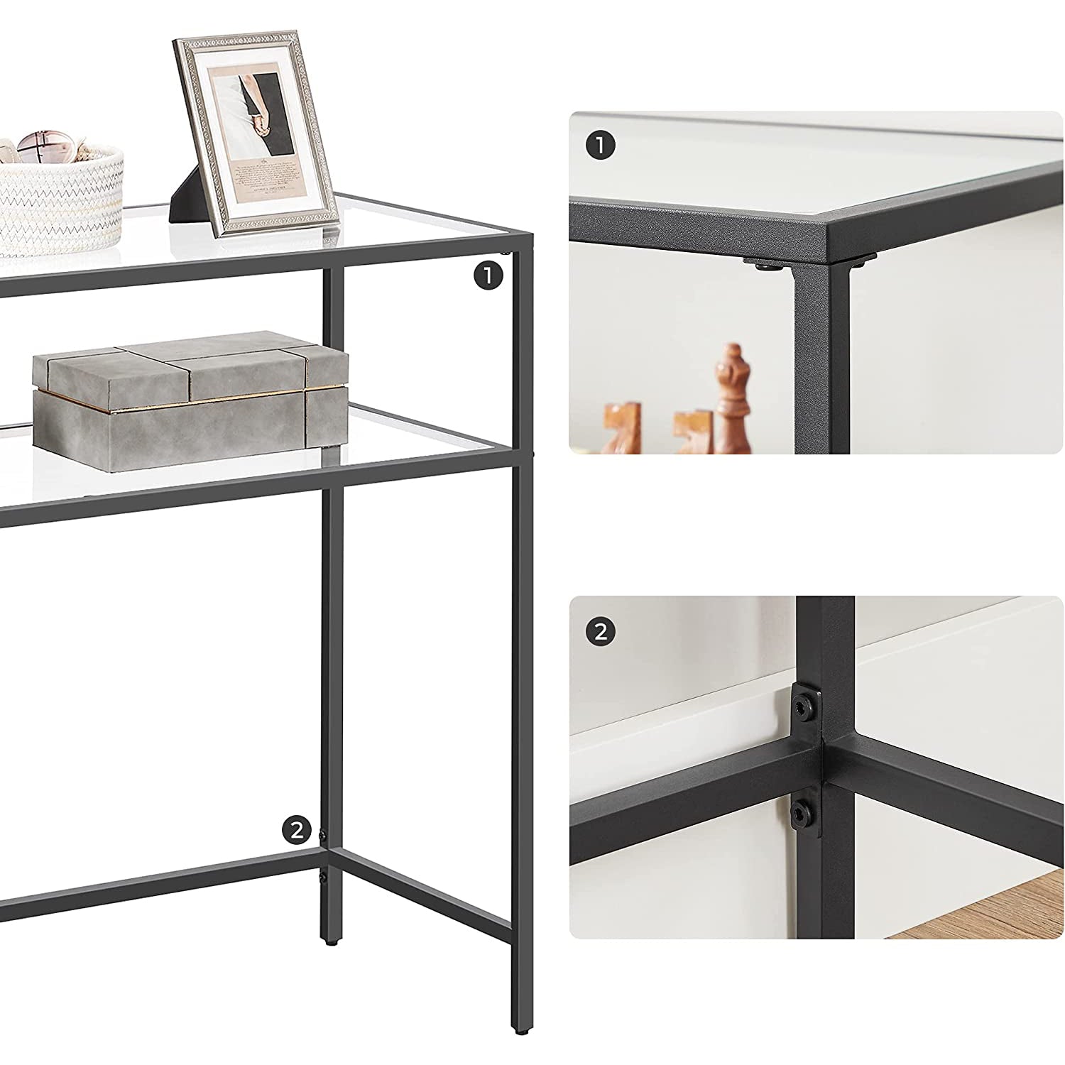 Konzolni stol s 2 police 100 x 80 x 35 cm, kaljeno staklo, polica za odlaganje, metalni okvir | Vasagle-vitahome.hr