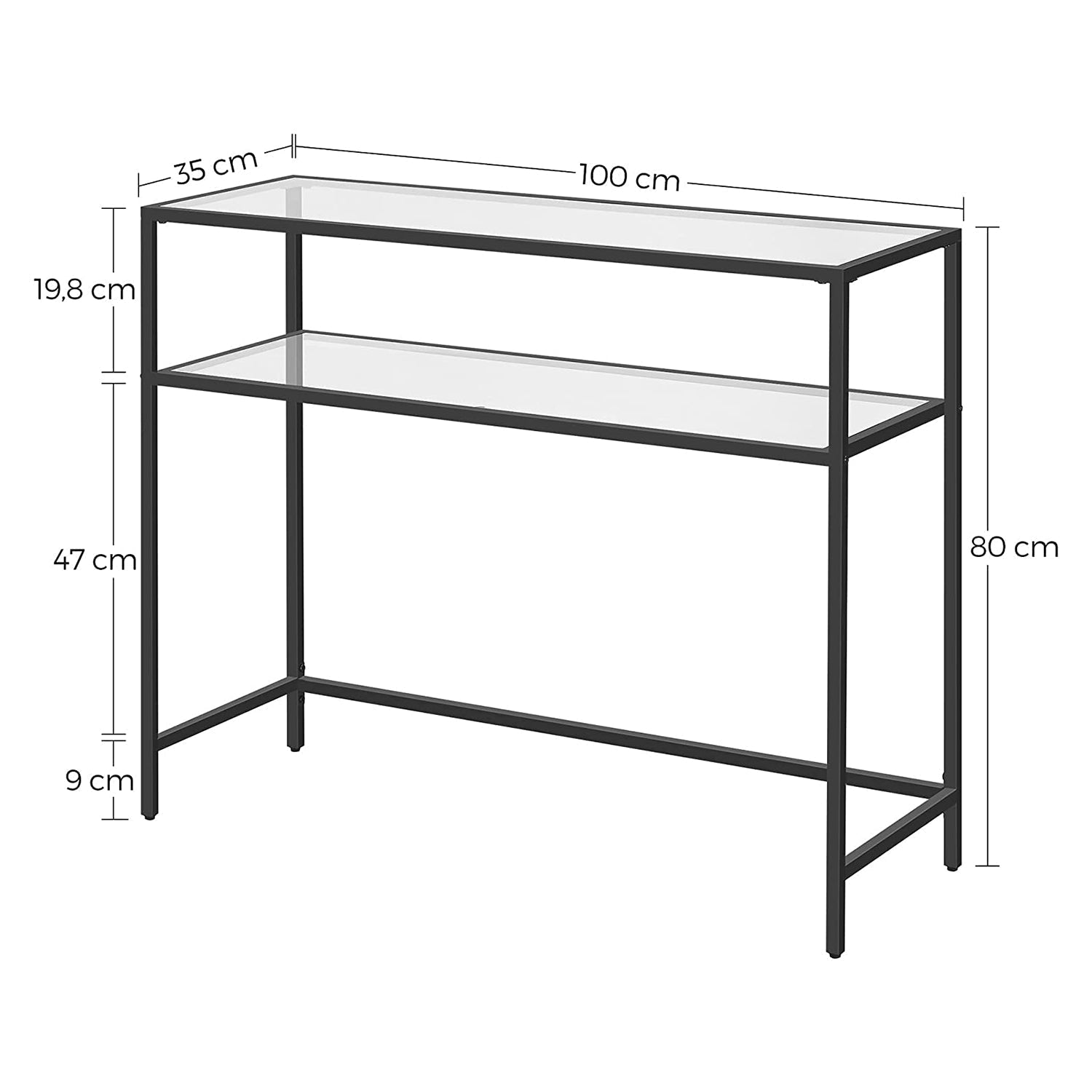 Konzolni stol s 2 police 100 x 80 x 35 cm, kaljeno staklo, polica za odlaganje, metalni okvir | Vasagle-vitahome.hr