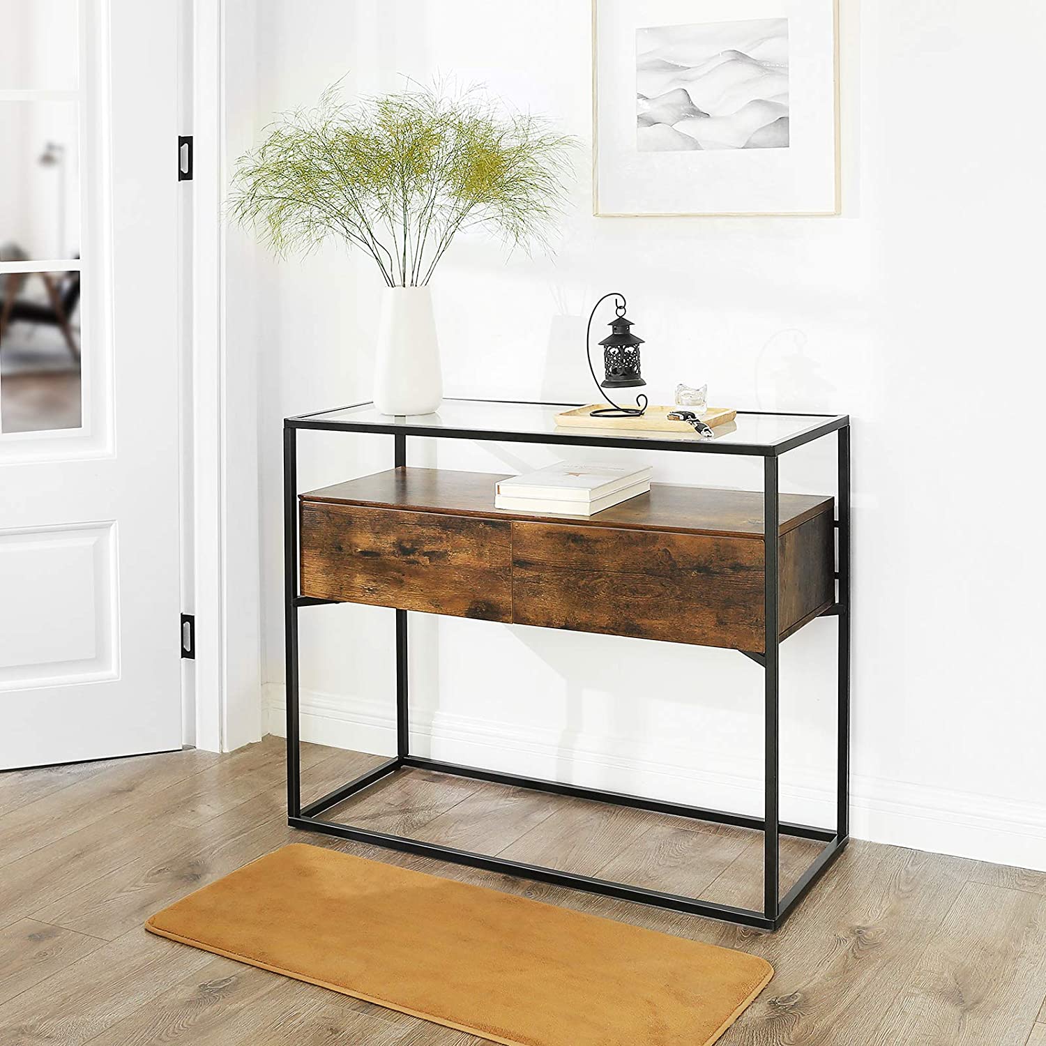konzolni stol, stol od kaljenog stakla s 2 ladice, 100 x 40 x 80 cm rustikalno smeđa | Vasagle-vitahome.hr