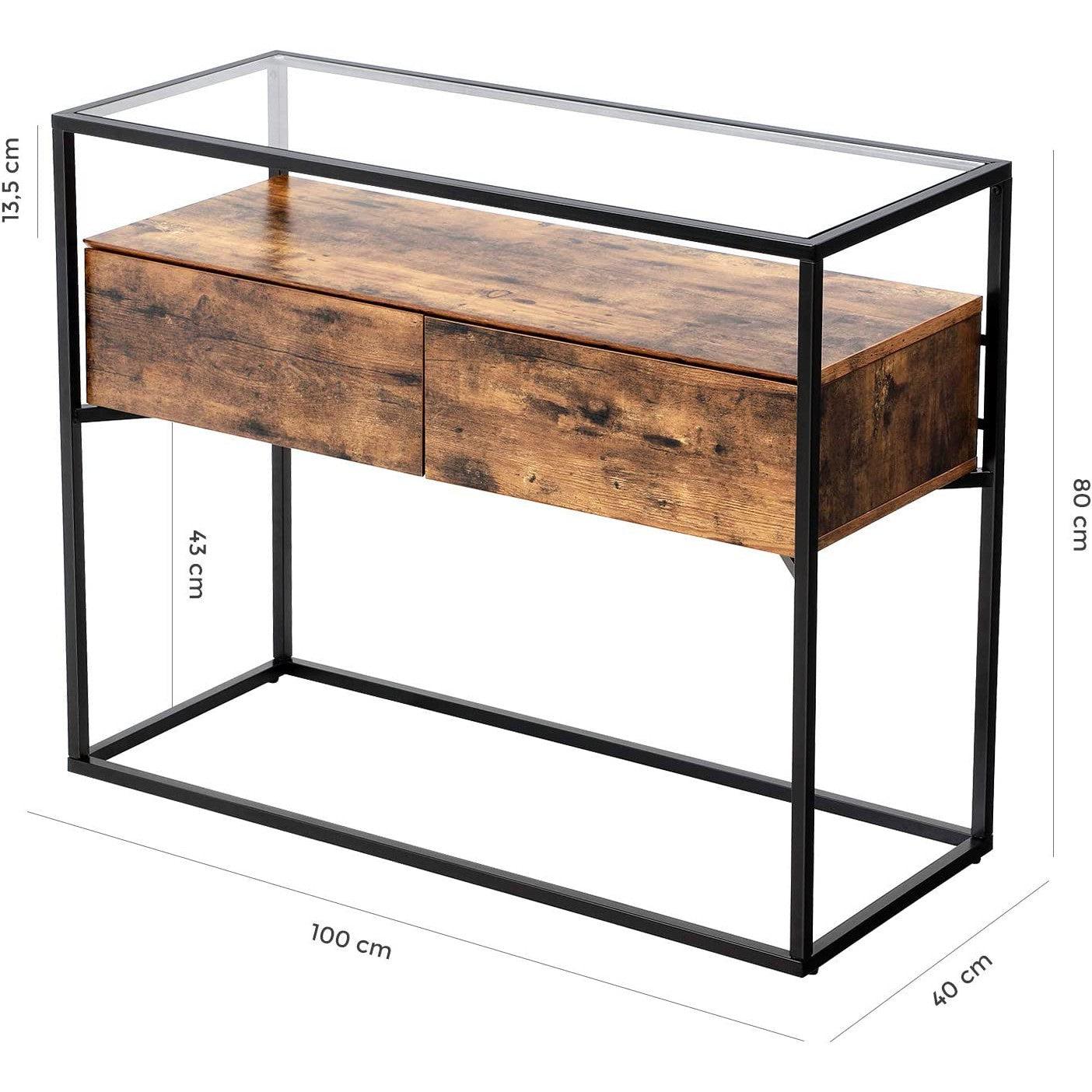 konzolni stol, stol od kaljenog stakla s 2 ladice, 100 x 40 x 80 cm rustikalno smeđa | Vasagle-vitahome.hr