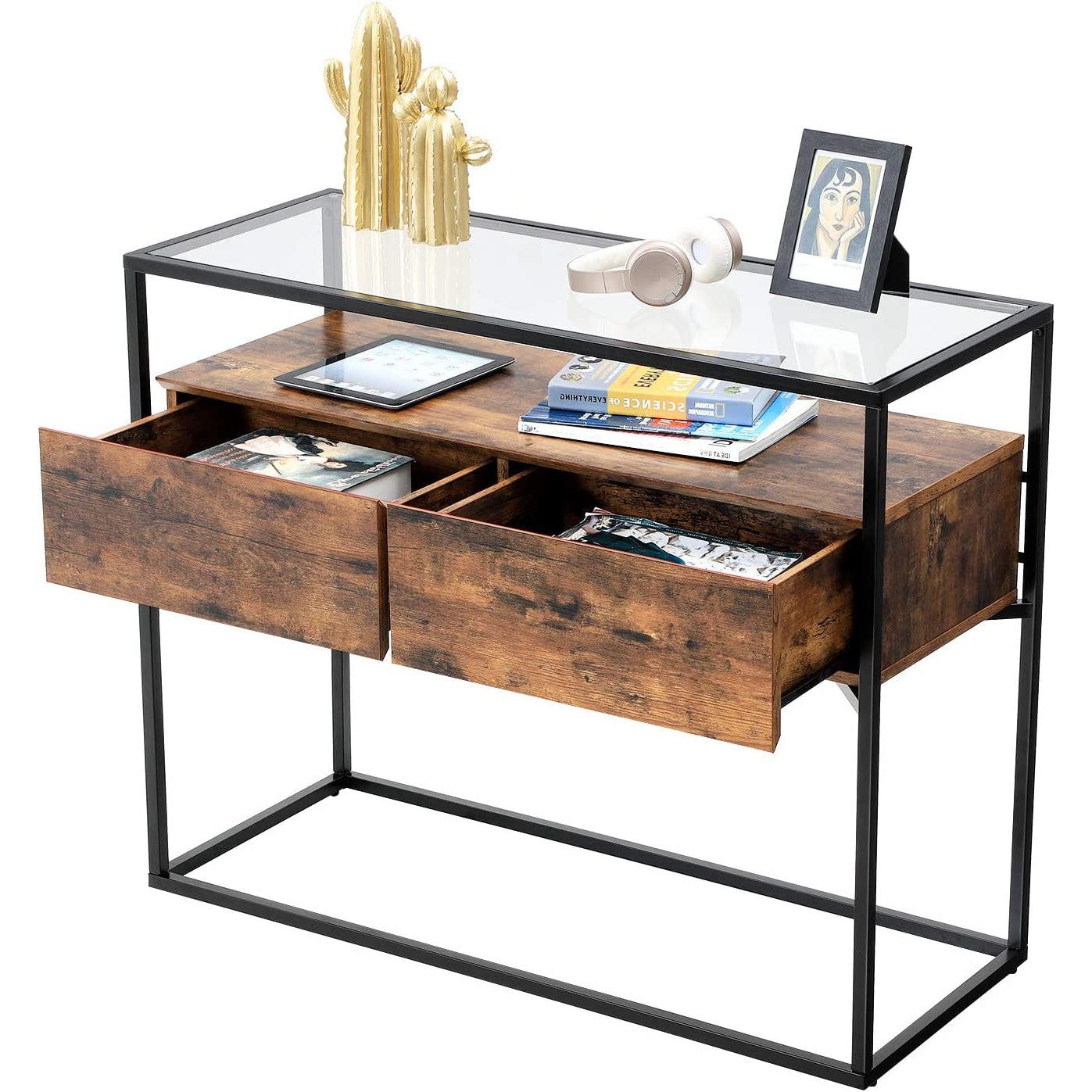 konzolni stol, stol od kaljenog stakla s 2 ladice, 100 x 40 x 80 cm rustikalno smeđa | Vasagle-vitahome.hr