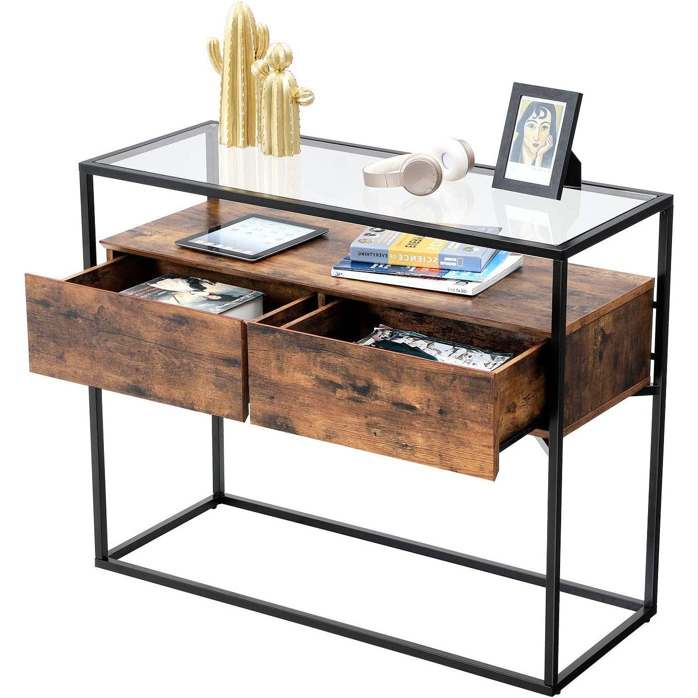 konzolni stol, stol od kaljenog stakla s 2 ladice, 100 x 40 x 80 cm rustikalno smeđa | Vasagle-vitahome.hr