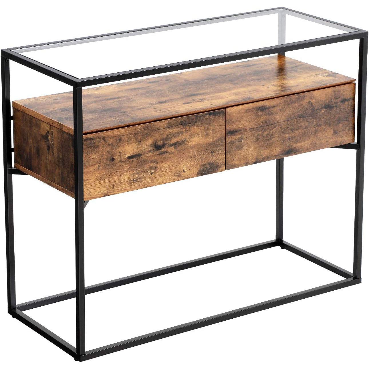 konzolni stol, stol od kaljenog stakla s 2 ladice, 100 x 40 x 80 cm rustikalno smeđa | Vasagle-vitahome.hr