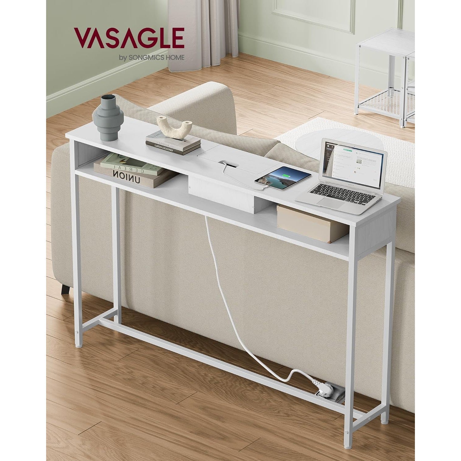 Konzolni stolić s utičnicama i 2 pretinca, 25 x 120 x 81 cm, bijele boje | VASAGLE-vitahome.hr